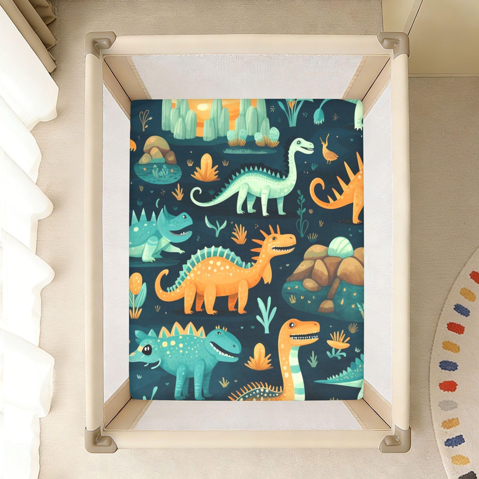 Dibujos Animados De Dinosaurios Negros Arte Sábana de Cuna para Niños Pequeños,Sábanas de Algodón Suave para Bebés Aptas para Colchón Corralito