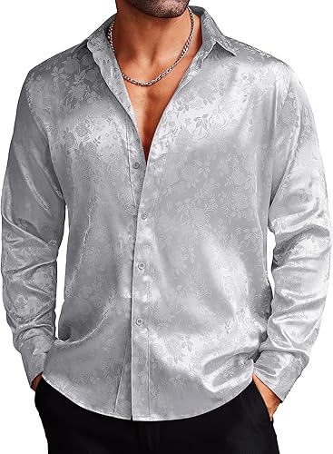 COOFANDY - Camisas de vestir de satén de seda para hombre, camisas de manga larga con jacquard floral y botones, camisas de fiesta, baile de