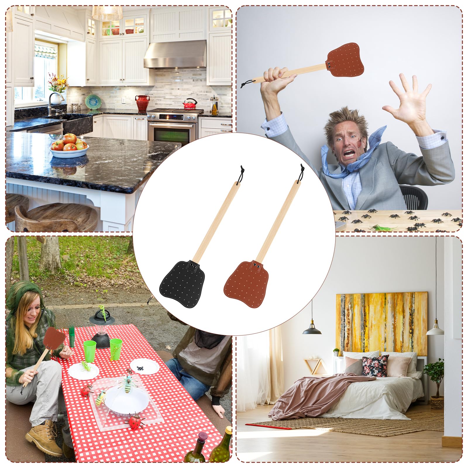 2pz Scacciamosche in Pelle, Scacciamosche Manuale Manico Lungo Legno con Corda Appesa Scacciamosche Pelle Resistente e Pratica Interni per Mosche Zanzare Api(Nero, Marrone)