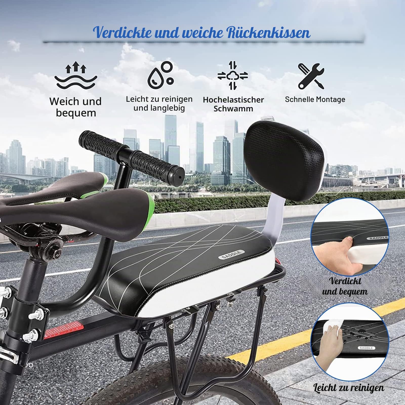 auvstar Kinder Sicherheits Fahrrad Rücksitz Zubehörsatz, Hinteres Sitzkissen Armlehne Fußstütze Set für Mädchen/Jungen/Kinder