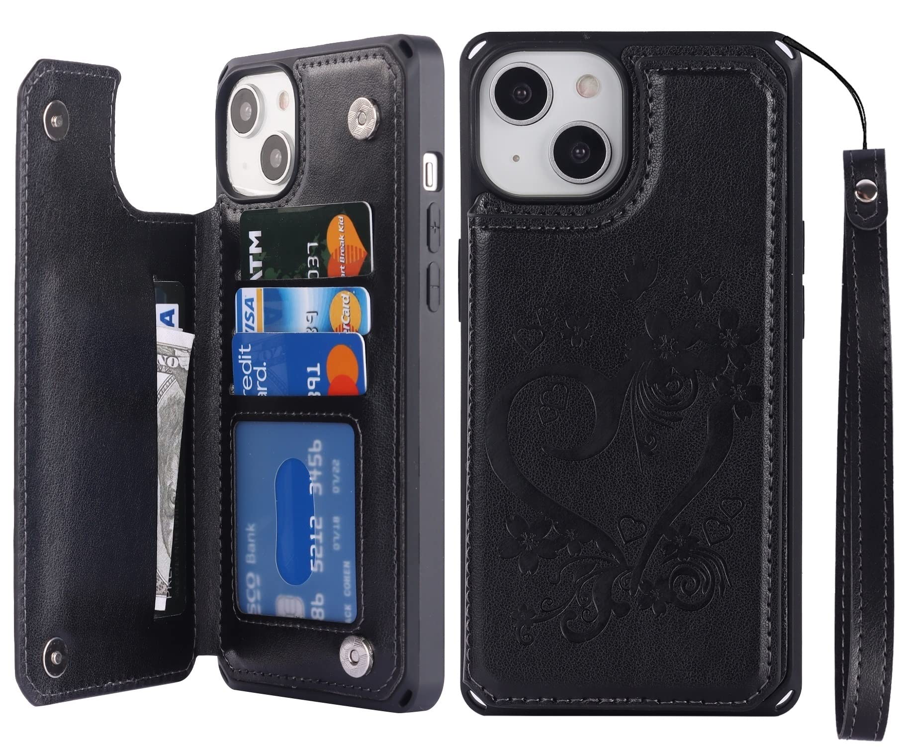 iCoverCase Compatible with iPhone 14 Plus Wallet Phone Case with Card Holder for Women, RFID Blocking Embossed PU Leather Wrist Strap Case 6.7 Inch (