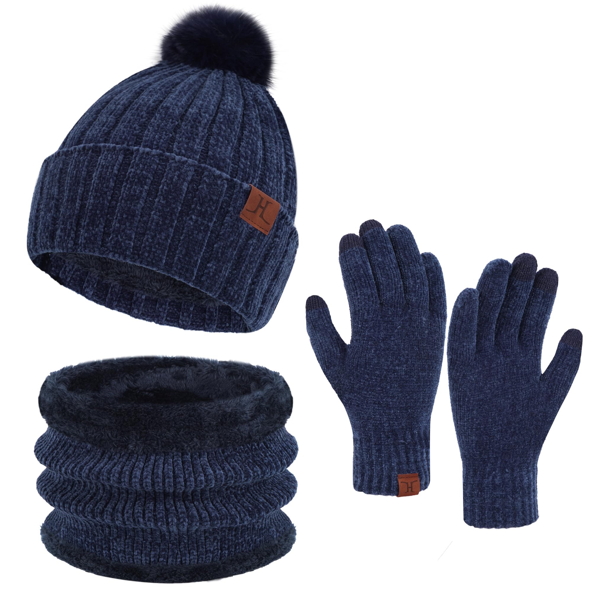 ZASFOU Femme Bonnet d’Hiver Chapeaux Foulard Écran Tactile Gants Set doublé Chenille Tricot Bonnets Cache Cou Polaire doublé