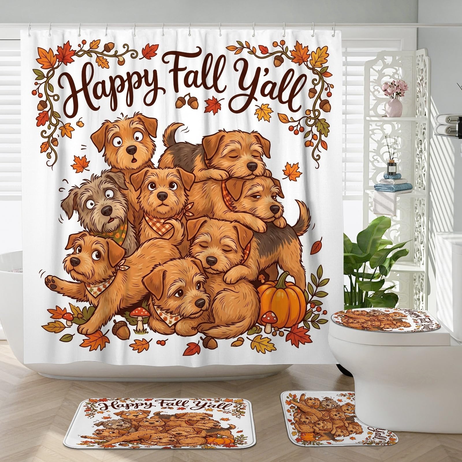 Rideau de douche Norfolk Terrier d'automne avec tapis WC en U et tapis de bain lavables