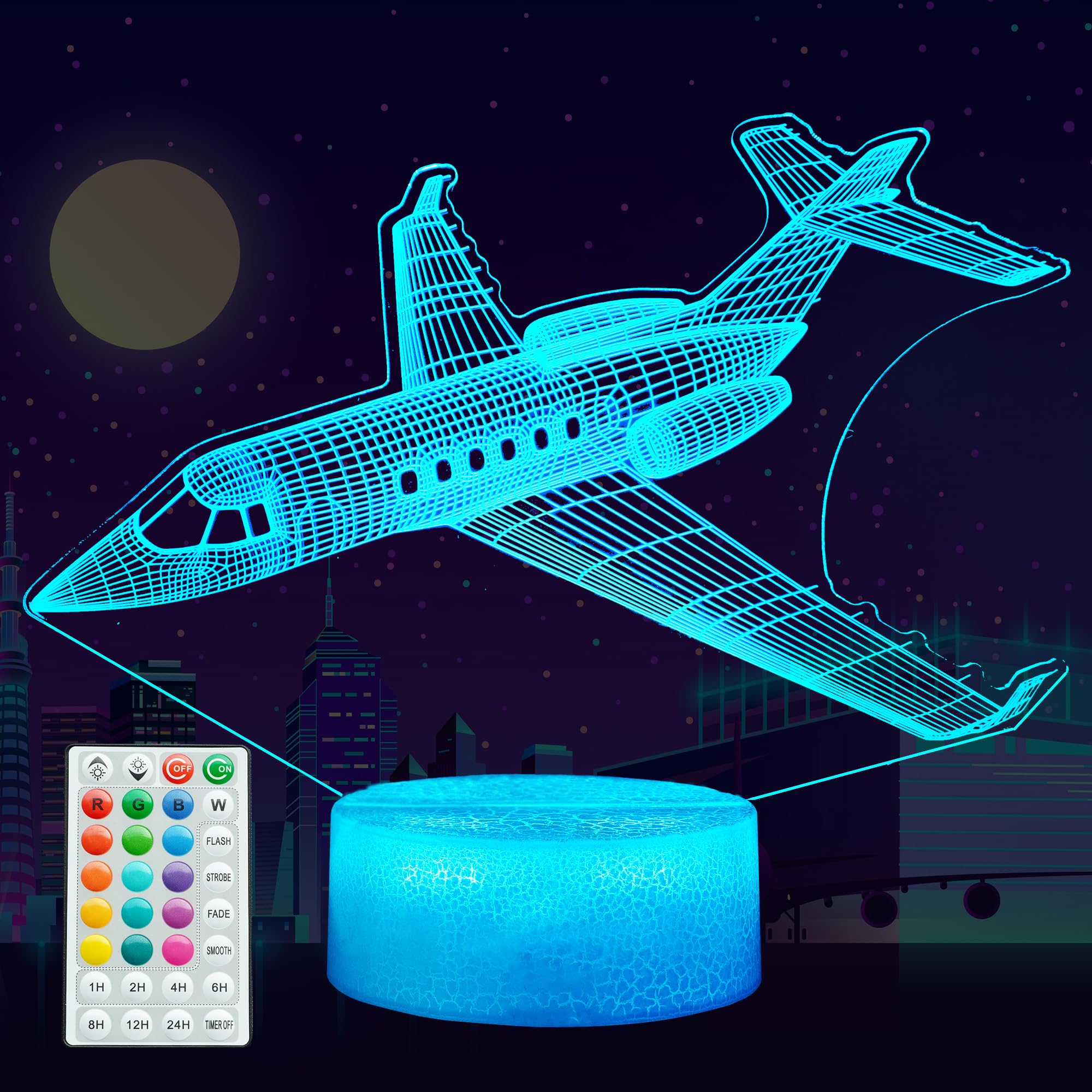POSSHE Airplane Night Light, Plane Gifts, Avation 3D Illusion Night Light with 16 Colors Changing, Remote Control with Timer, Kids Room Decoration for Holiday Birthday Christmas