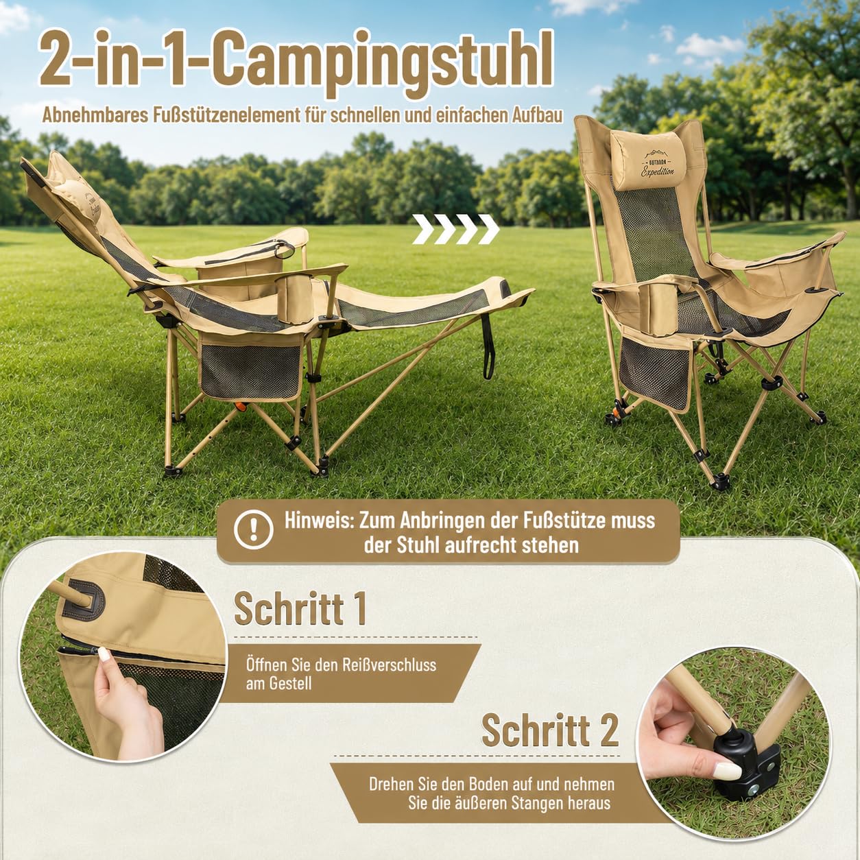 2-in-1 Campingstuhl mit Fußablage, Camping Liegestuhl Klappbar, 4-Fach Verstellbare Rückenlehne, mit Getränkehalter Kühltasche, Campingstühle Erwachsene 120KG, Outdoor Camping Angler Strand