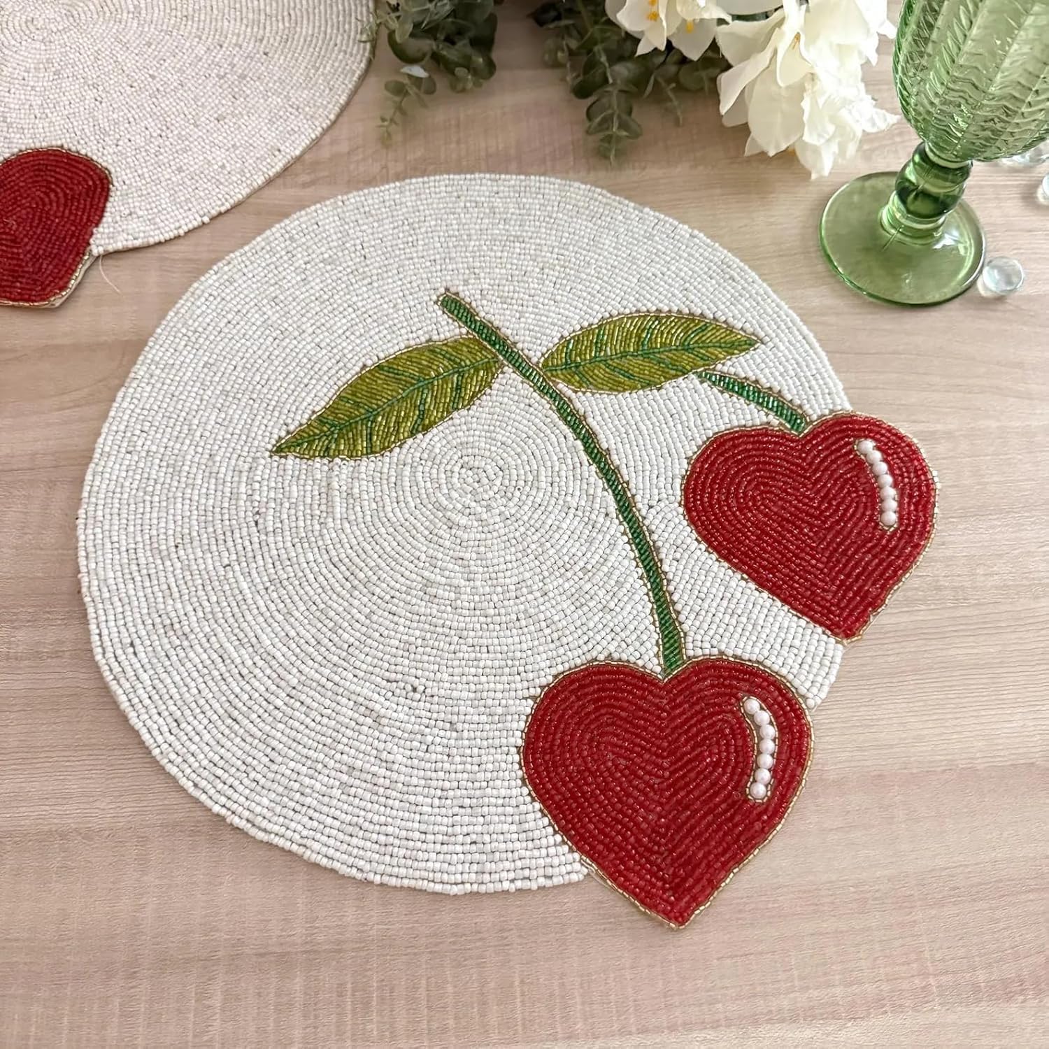 Handmade Spring Beaded Placemat, Red Heart Cherries Set of 6