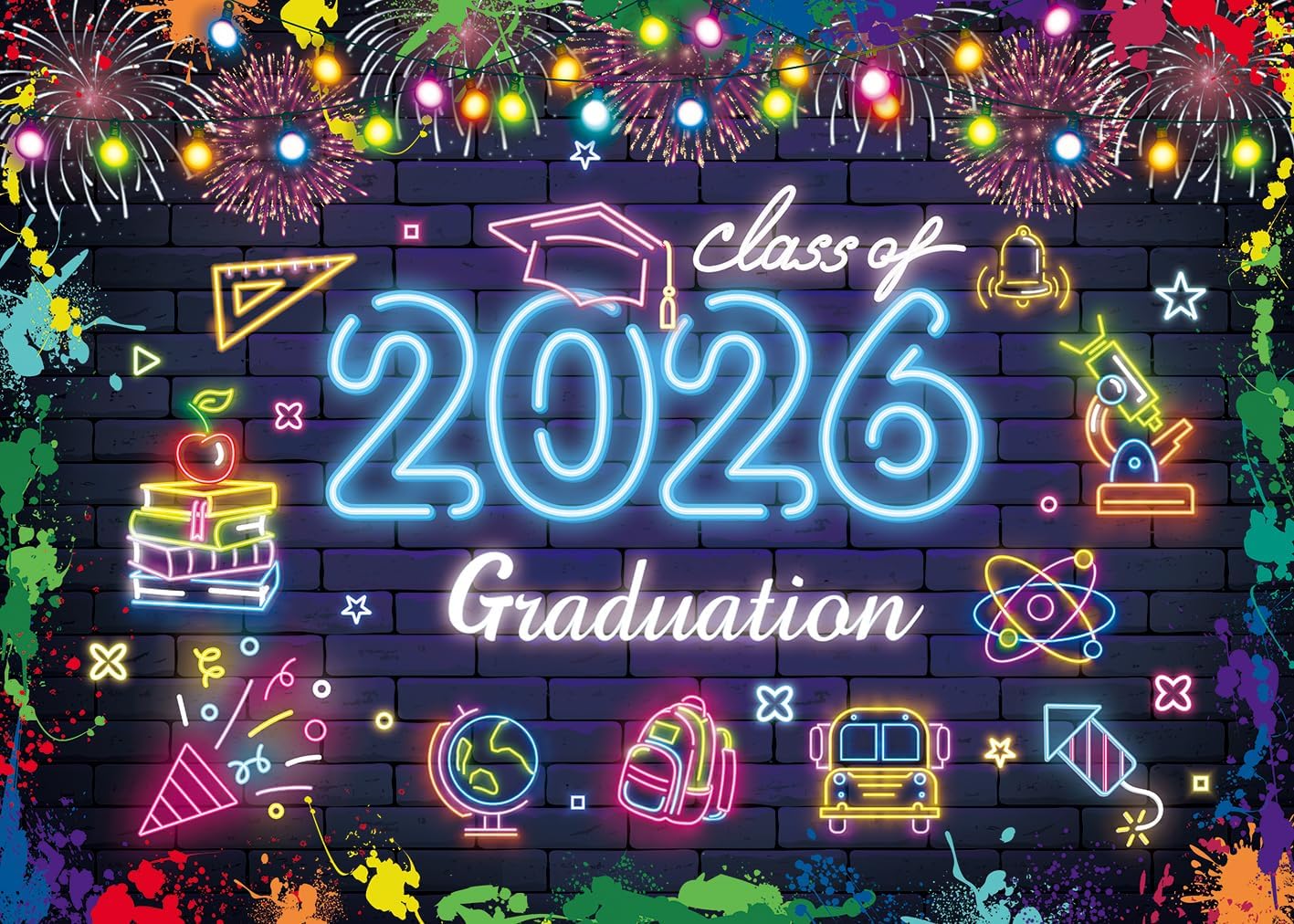 2026 Neon Graduation Backdrop Class of 2026 Congrats Grad Colorful Neon Glow Graffiti Brick Wall Photography Background School Celebration Prom Send Off Party Decor Banner Photo Props (10x8FT)