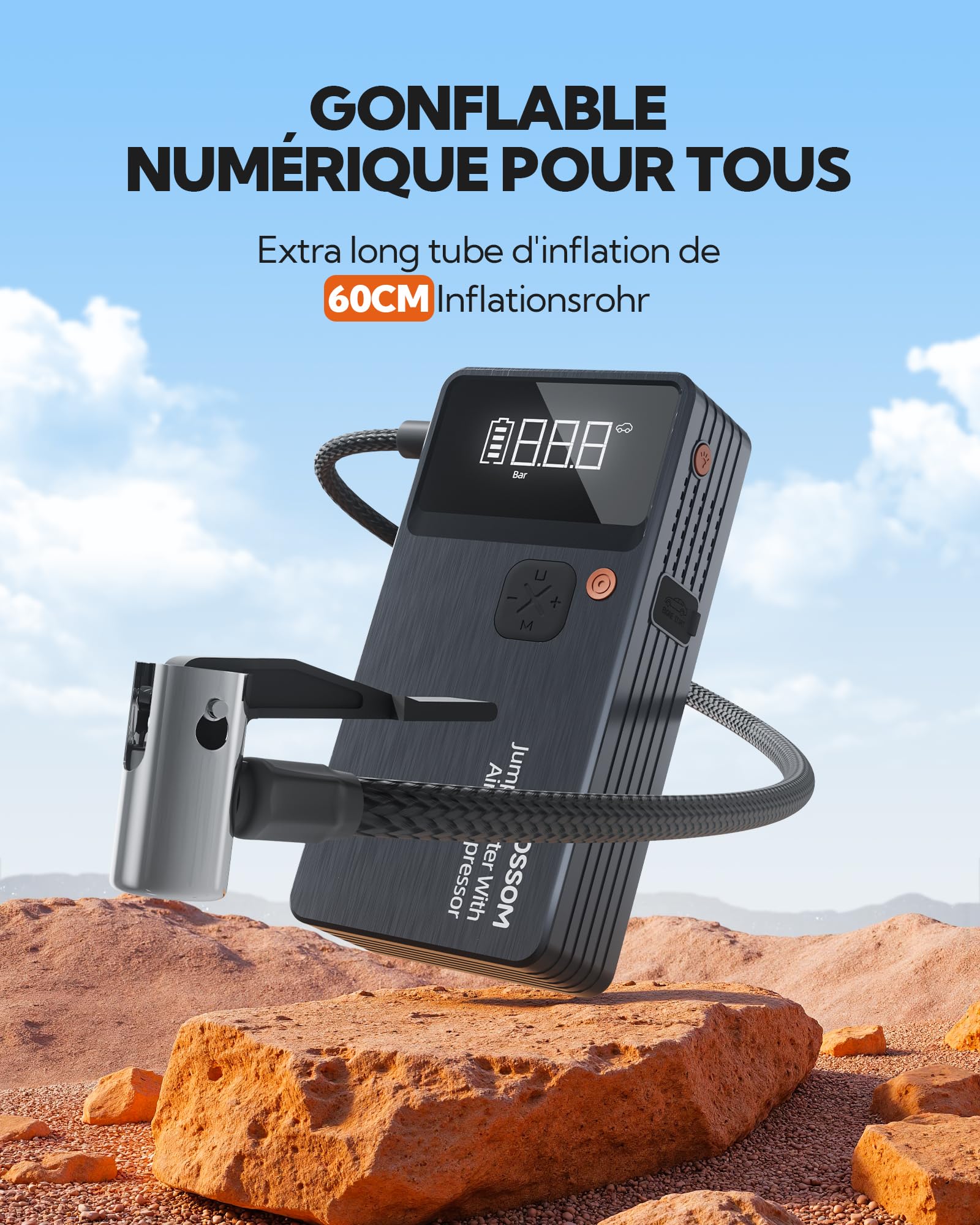 Booster Batterie Voiture avec Gonfleur,Demarreur Batterie Voiture avec Compresseur d'air Portable 7en1,Jump Starter Boost pour Moto de 12000 mAh,Booster d'urgence avec Lampe LED,Charging USB-C