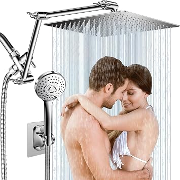 12 Inch Rain Shower Head Combo,5 Spray Handheld with 16" Extension Arm | High Pressure Rainfall Showerhead with Flexible Adjustment of Height/ Angle Upgraded Extender Arm, Anti-leak Chrome