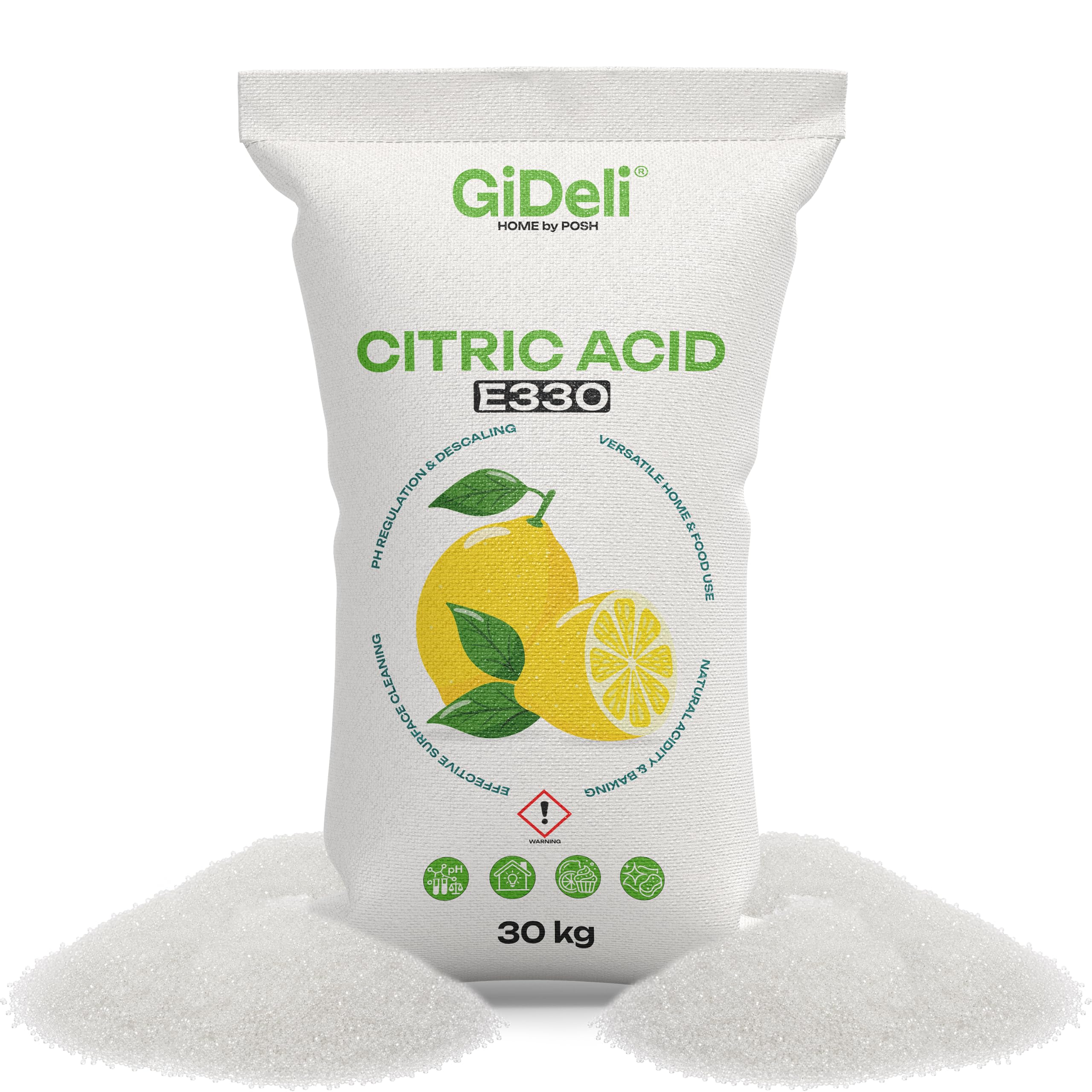 GiDeli Zitronensäure Pulver E330 in Lebensmittelqualität 30kg - reine Citric Acid zum Entkalken von Wasserkocher Kaffeemaschine & Waschmaschine - Vegan & Gentechnikfrei für Küche und Haushalt