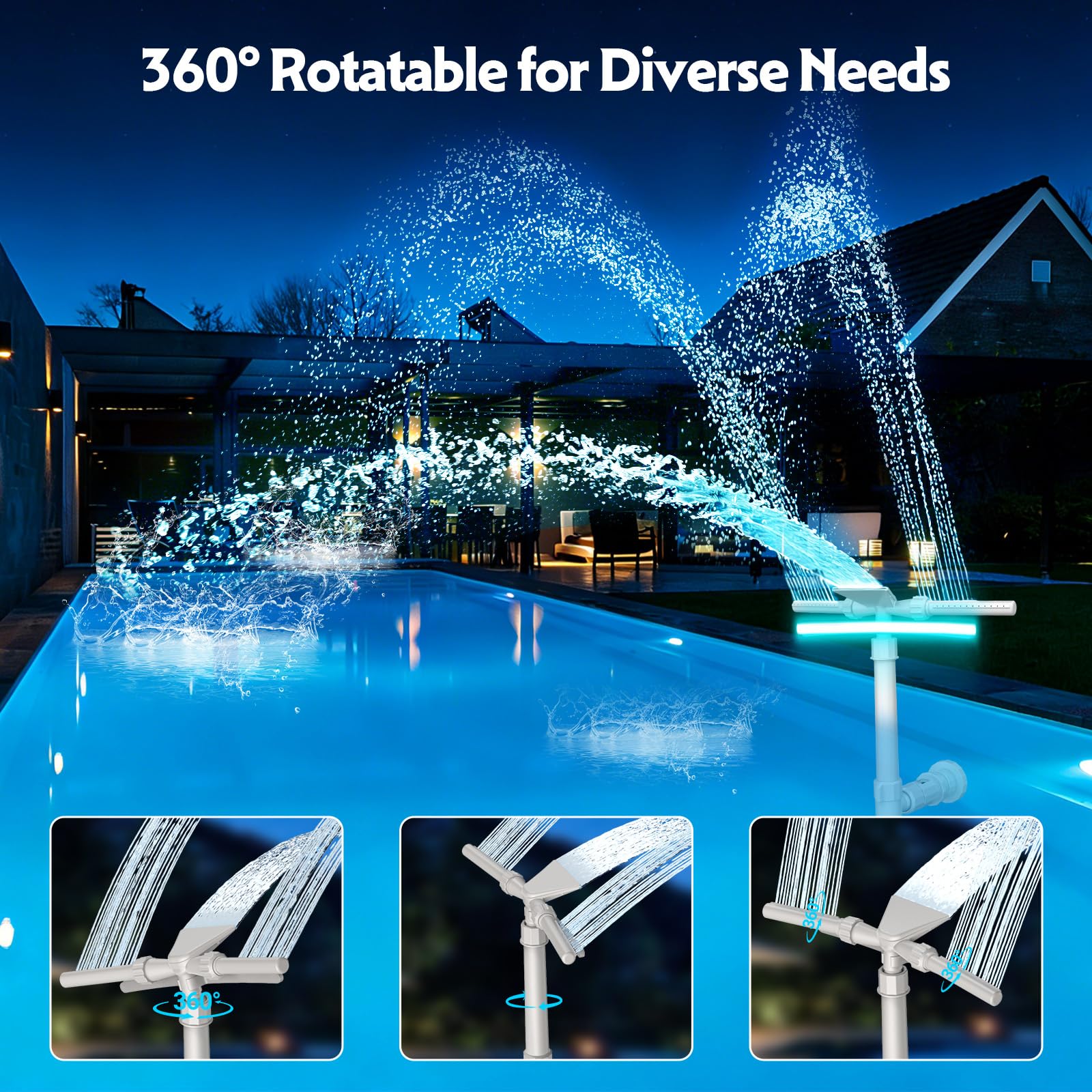 Cascata per Piscina Fuori Terra e Interrata con Luci LED Solari - Fontana a Doppia Testa 2 in 1 Regolabile, Raffredda l'Acqua 5-11°C, Telecomando, Accessorio per Piscine Intex