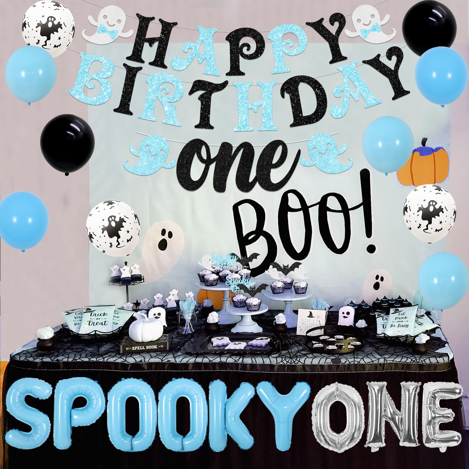 Blue Halloween First Birthday Decor - Boys Spooky One Banner, Cute Ghost Cake Topper, Balloons For 1st Birthday Party - The Spooky One, Little Boo, Happy Boo Day Party Supplies