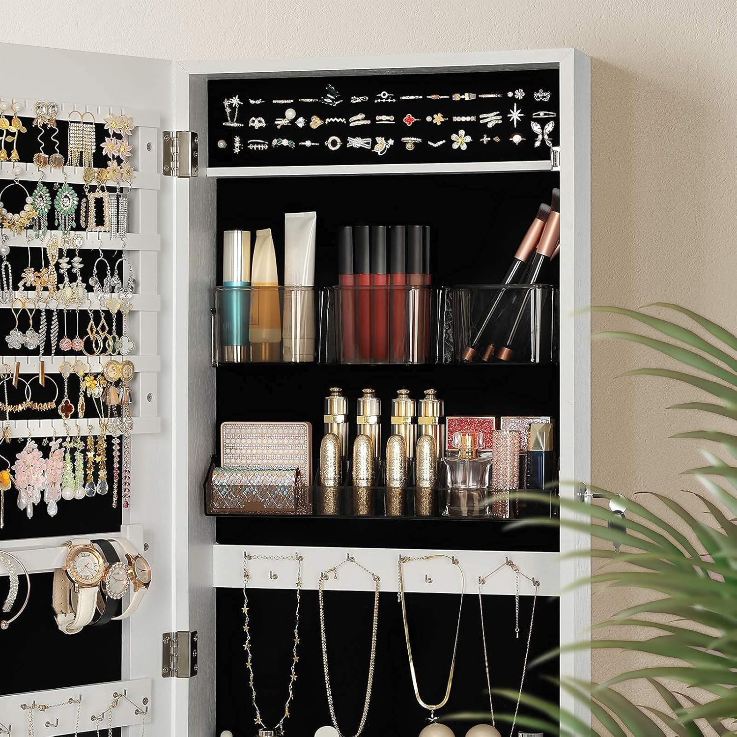 SONGMICS Mirror Jewelry Cabinet Armoire, Lockable Wall-Mounted Storage Organizer Unit with 2 Plastic Cosmetic Storage Trays, Full-Length Frameless Mirror, White UJJC001W01 : Everything Else