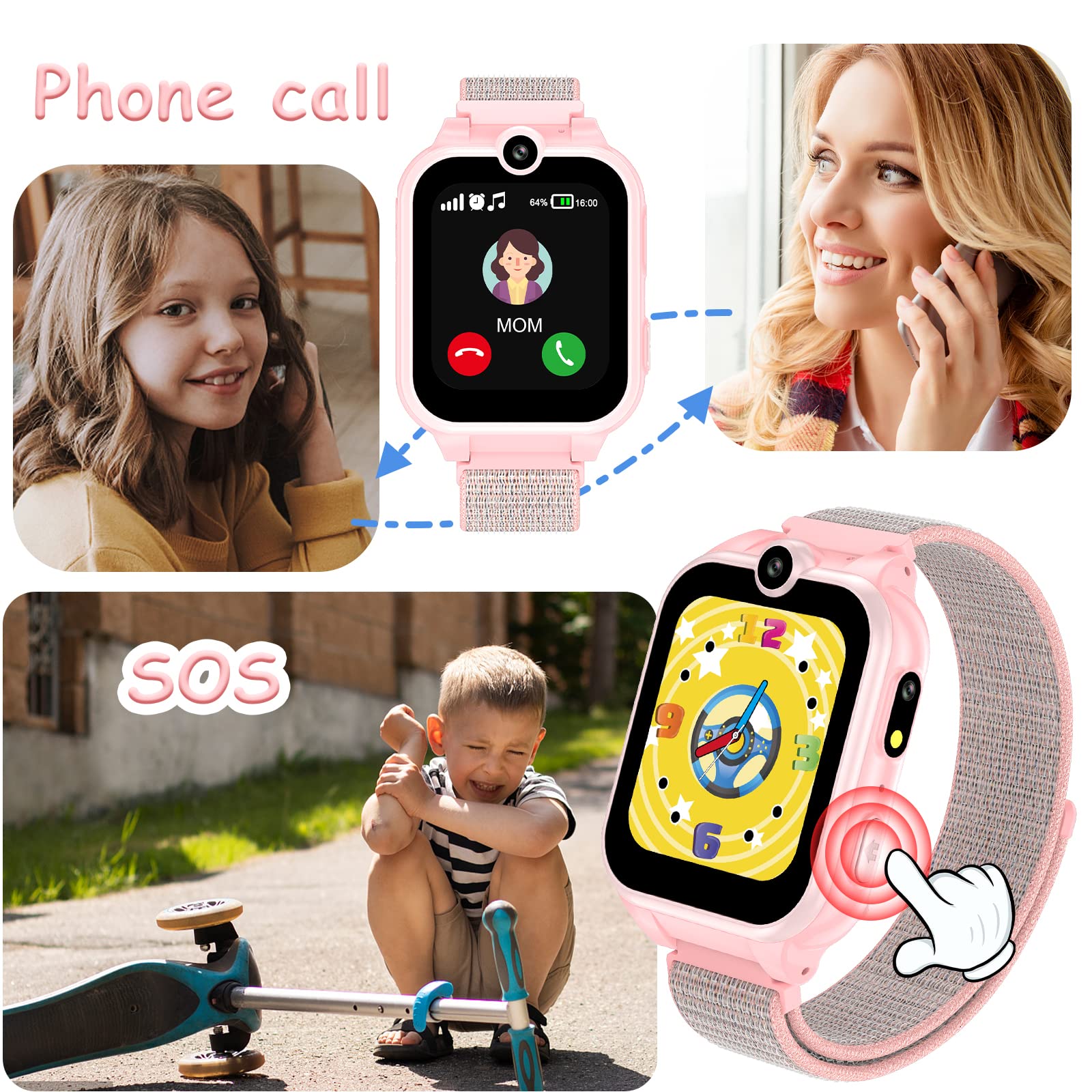 PTHTECHUS Smartwatch Niño Reloj Inteligente Teléfono Infantil con Llamadas SOS, 16 Juegos, Cámara, Música MP4, Despertador, Linterna, Smart Watch Digital para Niña y Niño 4-12 Años Regalo