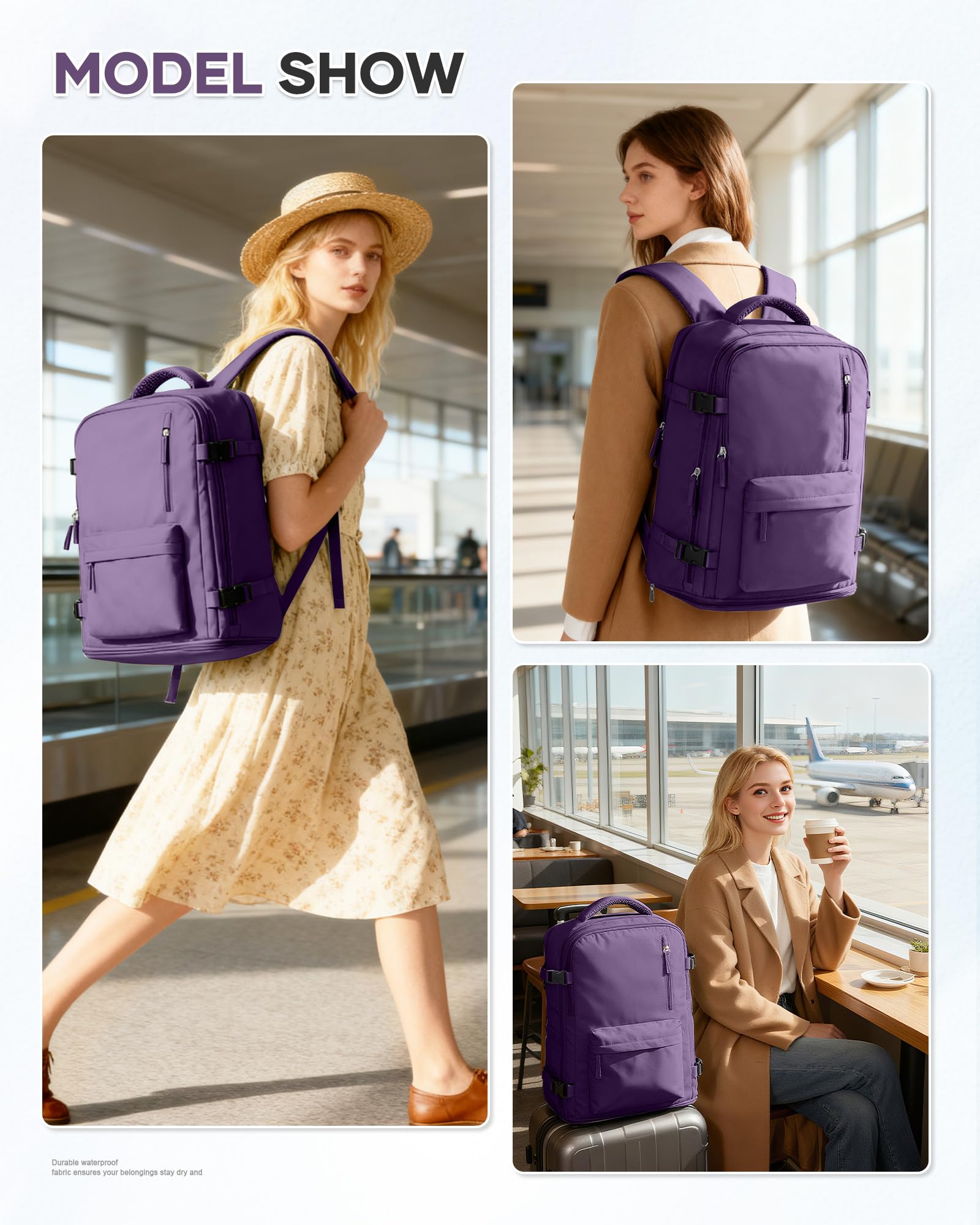WONHOX Large Travel Backpack Women,Carry On Laptop Backpack Flight Approved,Mochila De Viaje Men Hiking Waterproof Rucksack Casual Daypack with Shoes Compartment,Personal Item Travel Bag Dark Purple