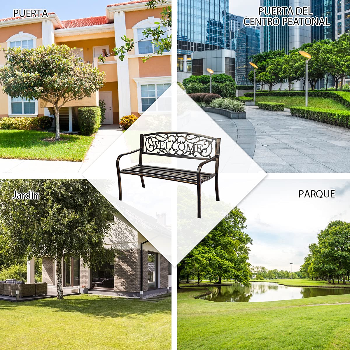 COSTWAY Banco Jardín con Respaldo Decorativo, Exterior de Metal Forjado, Terraza Diseño Rústico, 2-3 Personas, Silla de Parque 127 x 63,5 x 89 cm, 320 kg para Parque Bronce