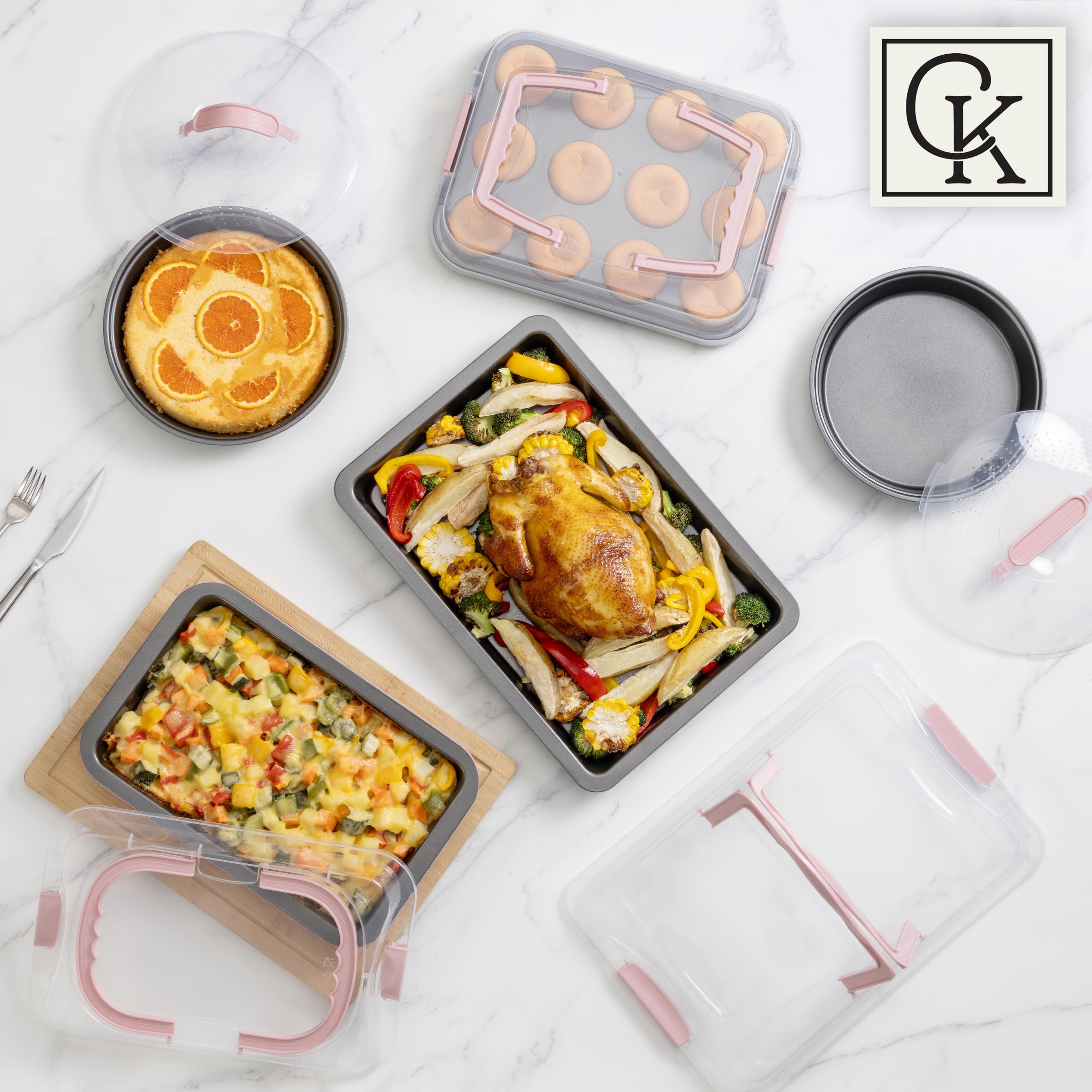 Country Kitchen Juego de 10 moldes antiadherentes para hornear con tapas de transporte para un fácil almacenamiento y viajes, perfectos para fiestas, apilables, color rosa