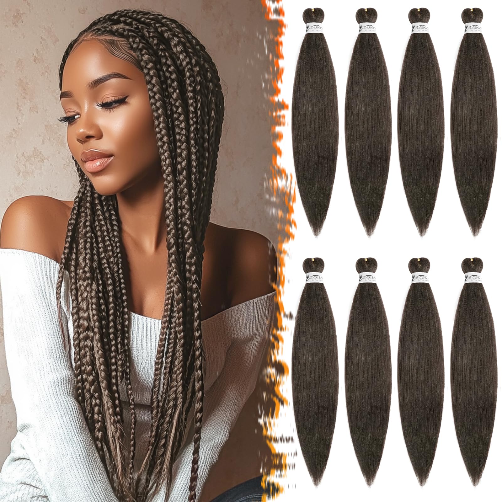 BARSDAR Pre Stretched Braiding Hair, 66cm 8 Packs Lange Braun Braiding Haare Zopf Extensions Synthetik Crochet Braids Hair Extension Yaki Hot Water Setting Easy Braids Twist - 4# Dunkelbraun