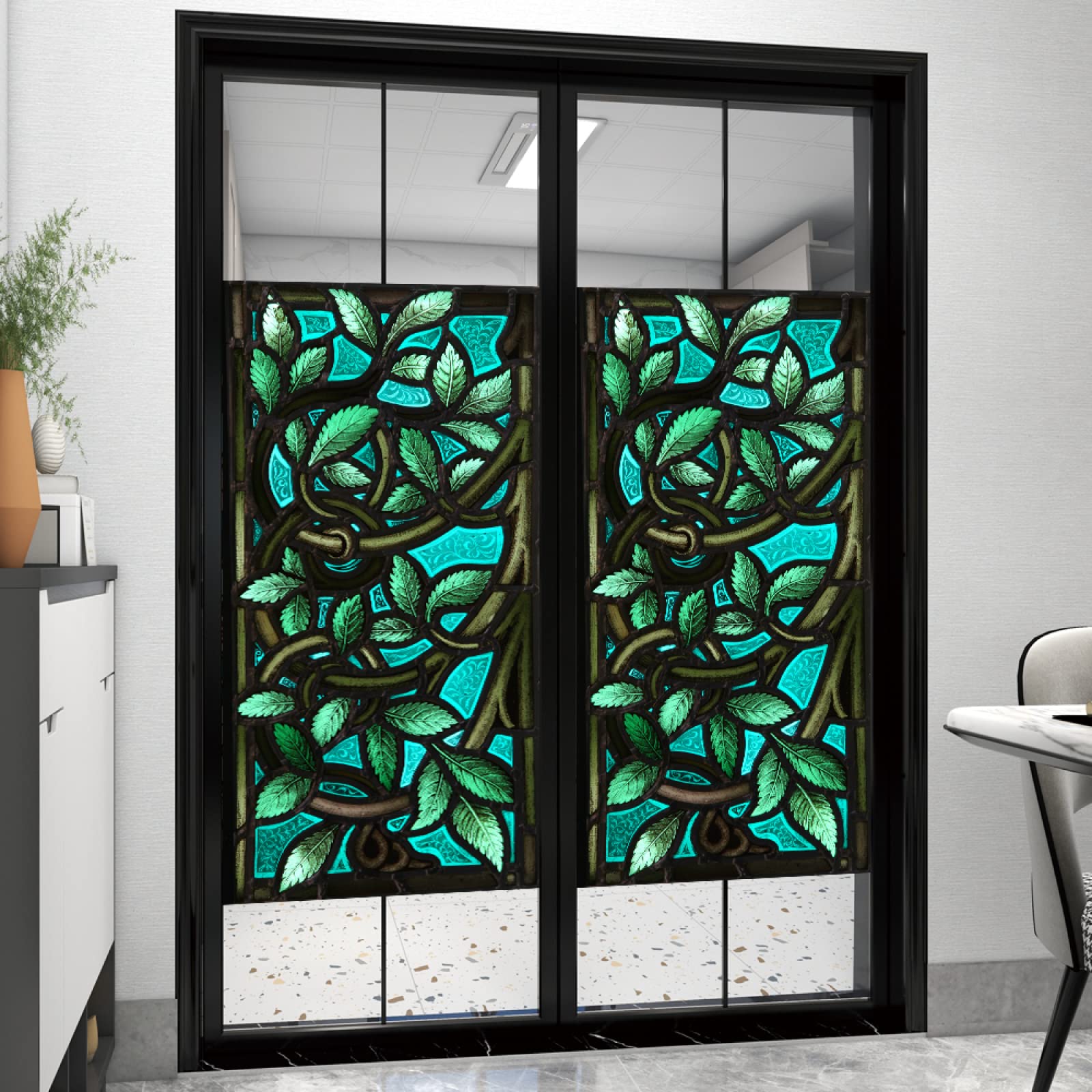 Fensterfolie Blickdicht Sichtschutzfolie, Sichtschutzfolie für Fenster im Vintage-Stil, Pfauenblau – dekorative Selbstklebende Lösung