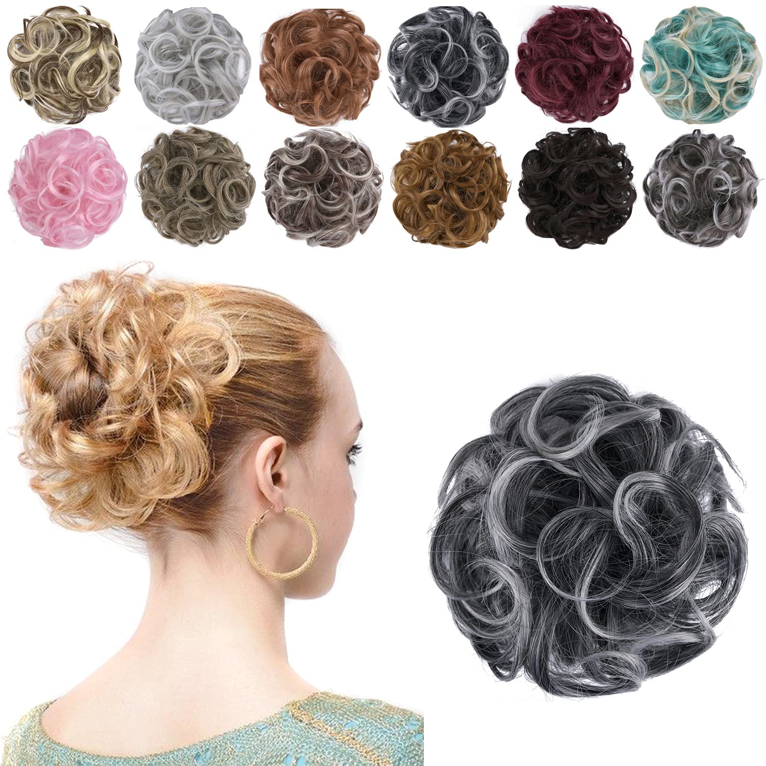 Elastic Wave Curly Hair Buns Chignons Hair Scrunchy Extensions Wrap Ponytail Updos Tousled Bun Hairpieces for Women Girls (Jet Black Tip Gray-#115)