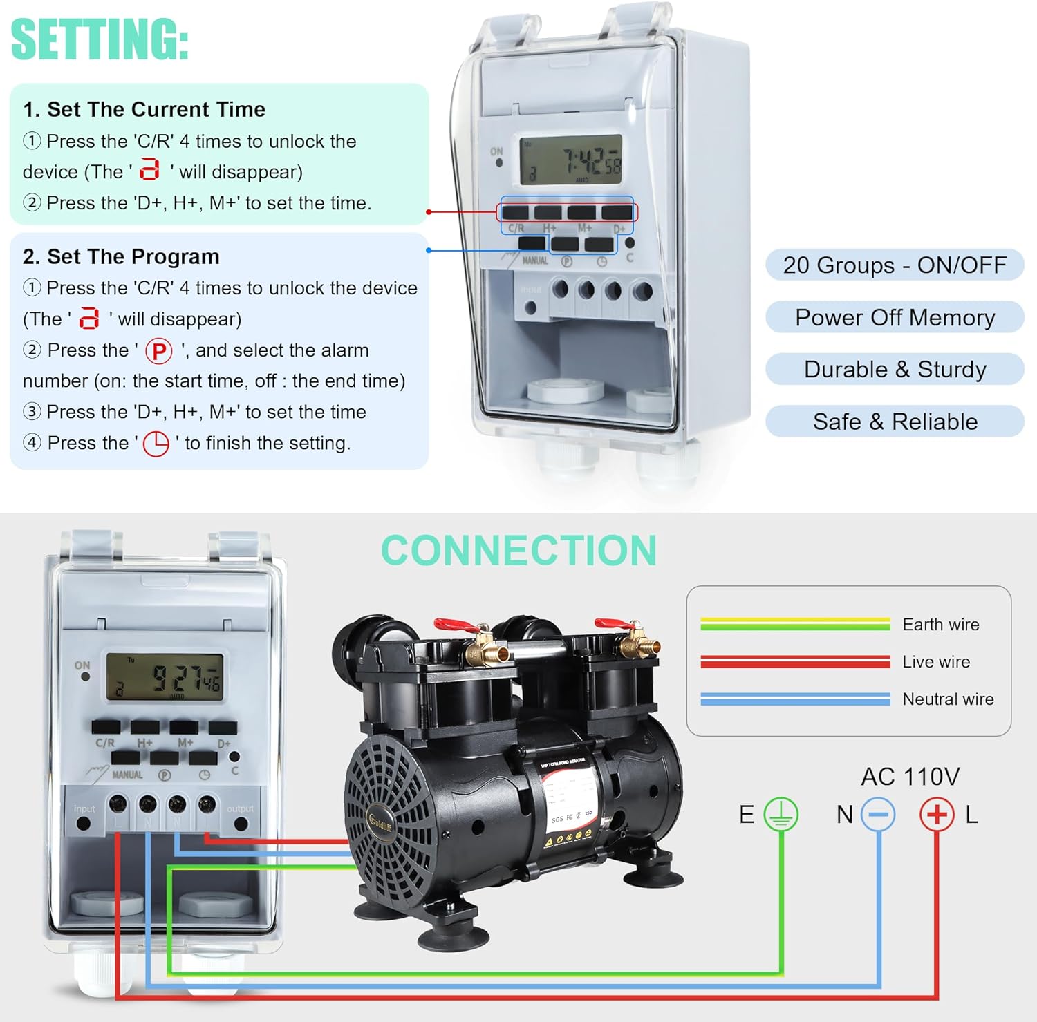 Goldlife A2 Pond Aerator, 7CFM Pond & Lake Aeration System for Up to 5 Acre,110V/120V 1HP 750W Compressor & 2 Self-sinking Hoses 100FT & 2 Diffusers & Timer & 16FT Tube, Air Pump for Water Circulation
