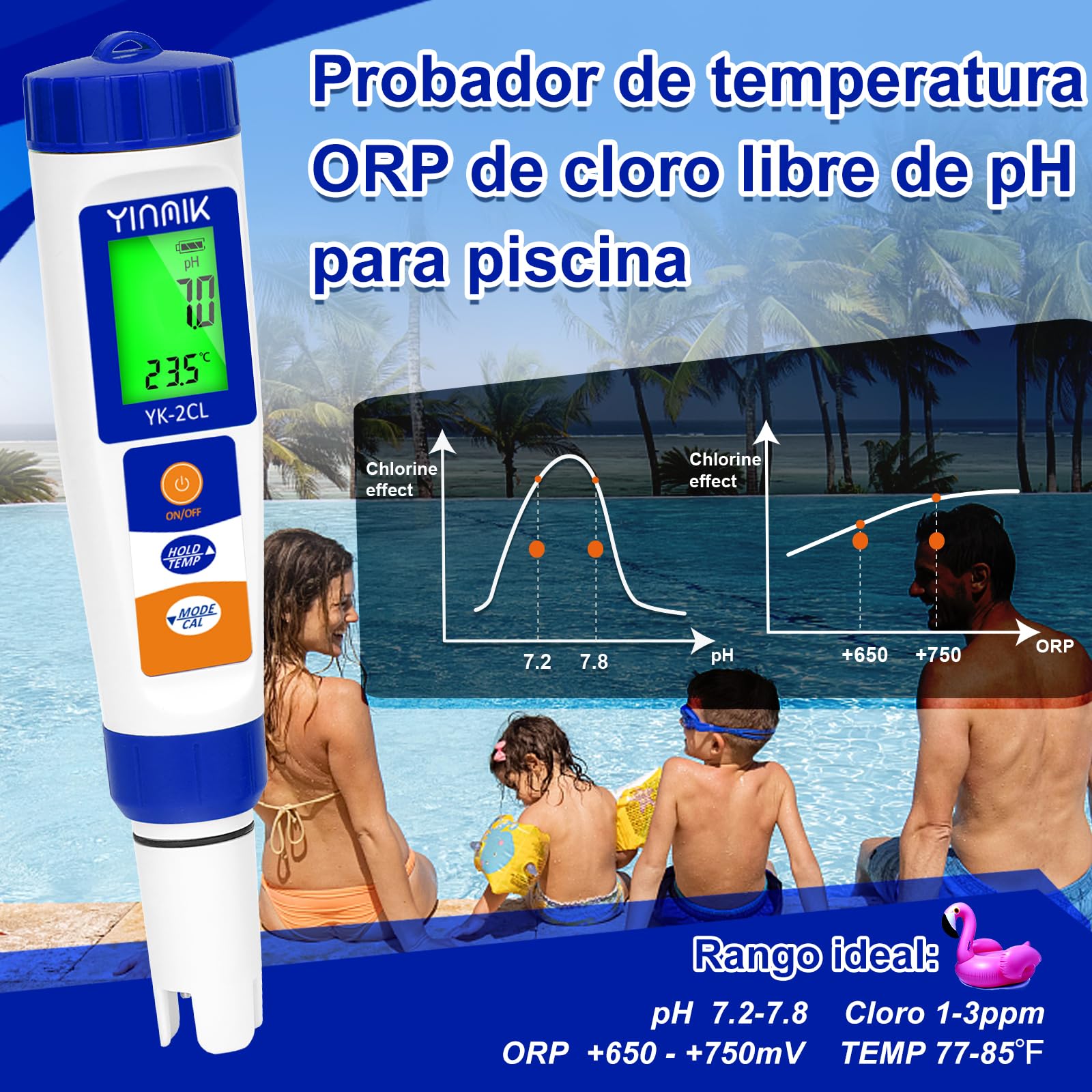 UIUZMAR 7-in-1 Digitaler Poolwassertester – PH, Salzgehalt, Freies Chlor, EC, ORP, TDS & Temperatur, Inkl. Kalibrierlösung
