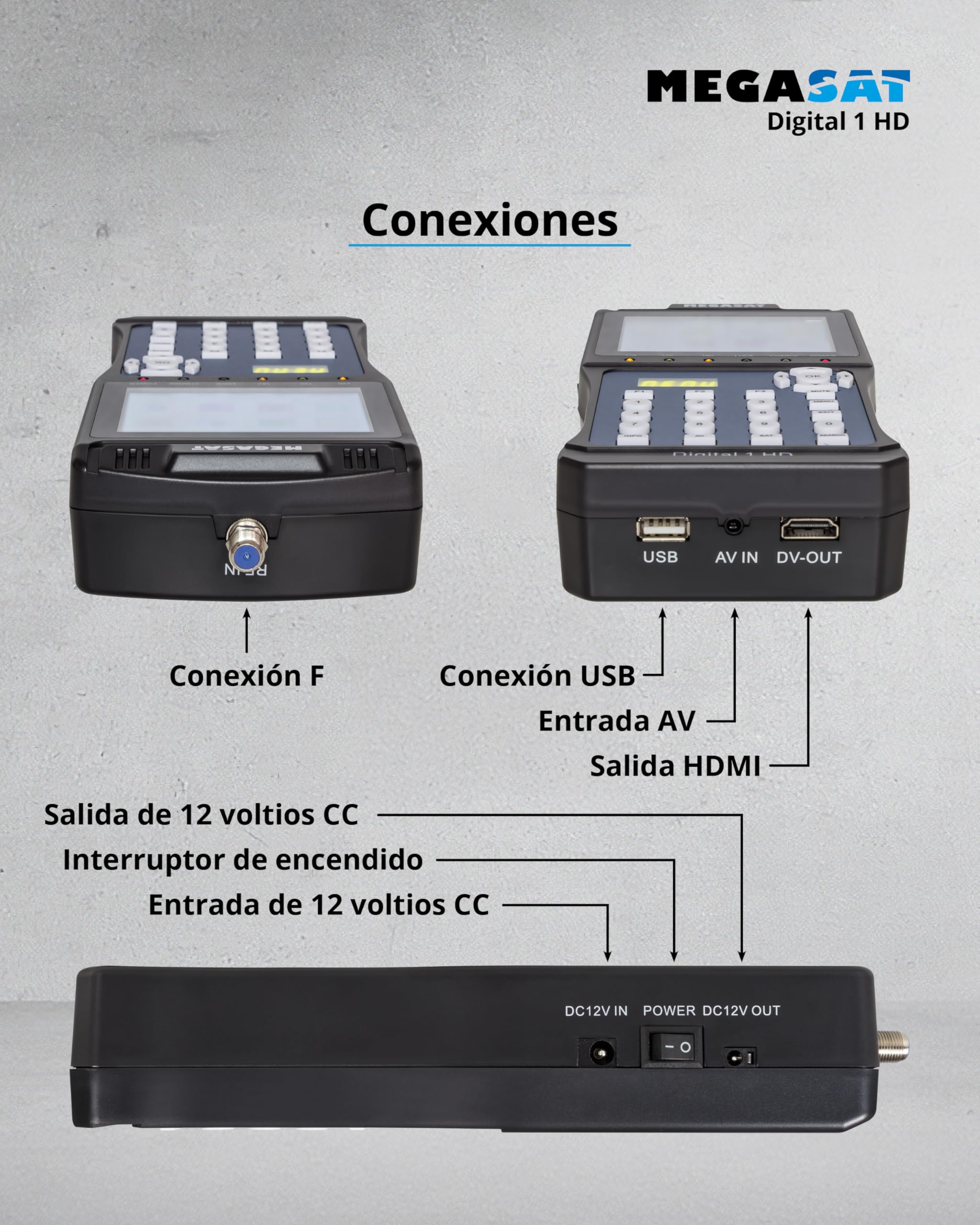 Megasat Digital 1 HD – Medidor de señal satélite, Imagen de TV en Directo | Para DVB-S & DVB-S2, pantalla a color de 3,5", Unicable, batería