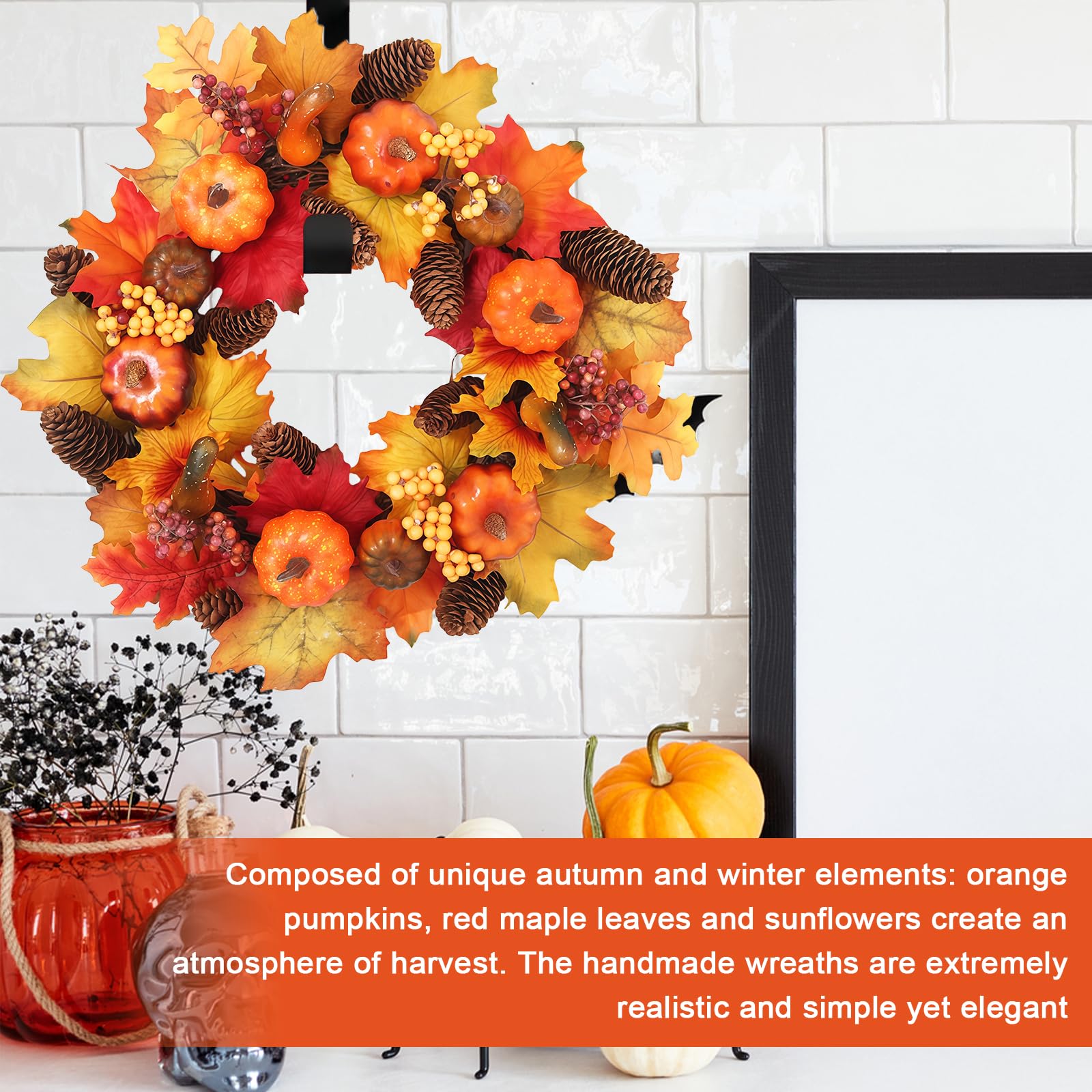 Corona de puerta para otoño exterior, 40 cm, calabazas con calabazas artificiales, hoja de arce, baya, piña, corona de otoño para puerta de casa, corona artificial de otoño, hoja de arce para