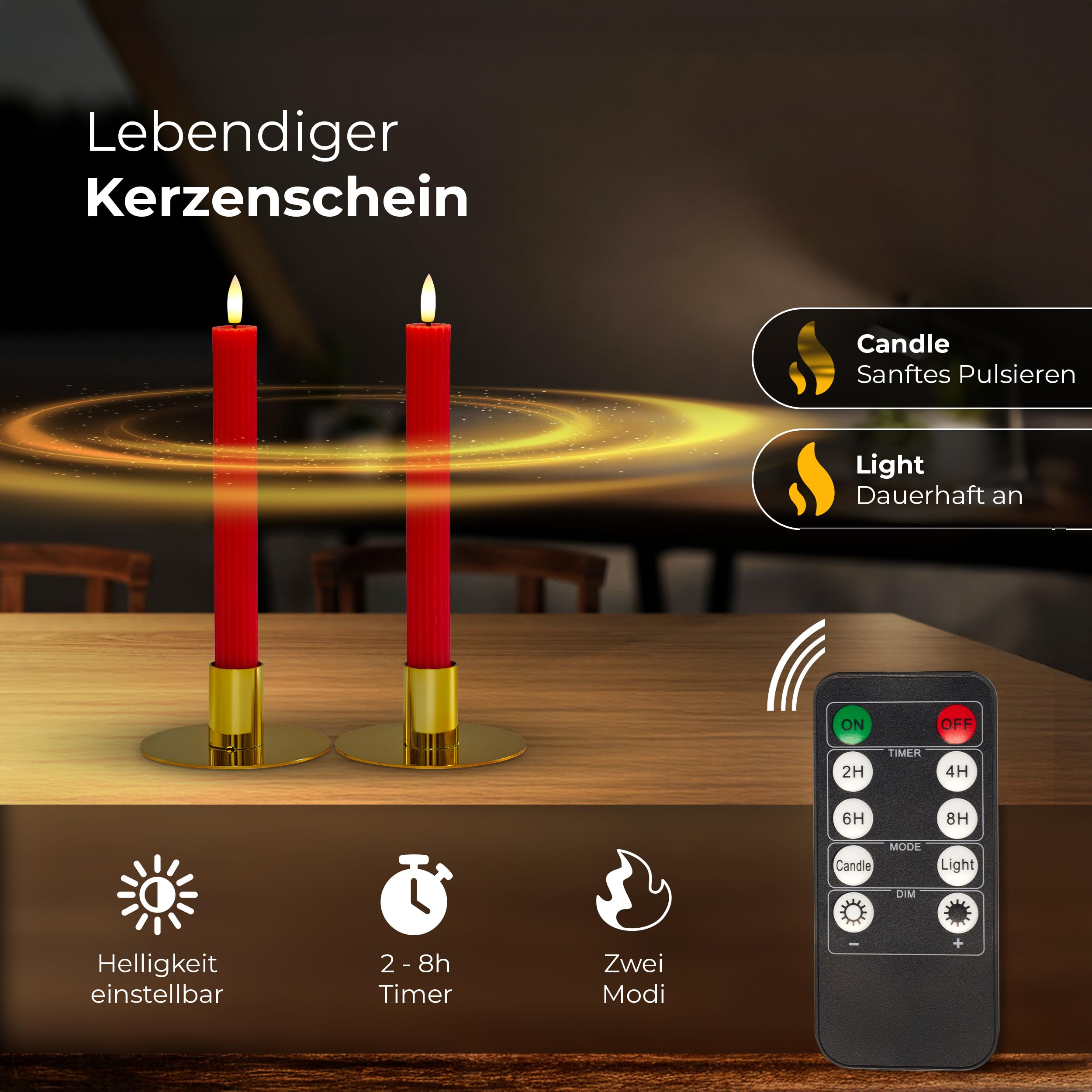Świece prętowe LED z timerem, czerwone, 6 sztuk do użytku wewnątrz – 6 godzin – prawdziwy wosk, żebrowane 23 cm, wysokość do świec 2,2 cm, średnica 2,2 cm, 2 baterie AAA, niezbędne świece LED, zestaw