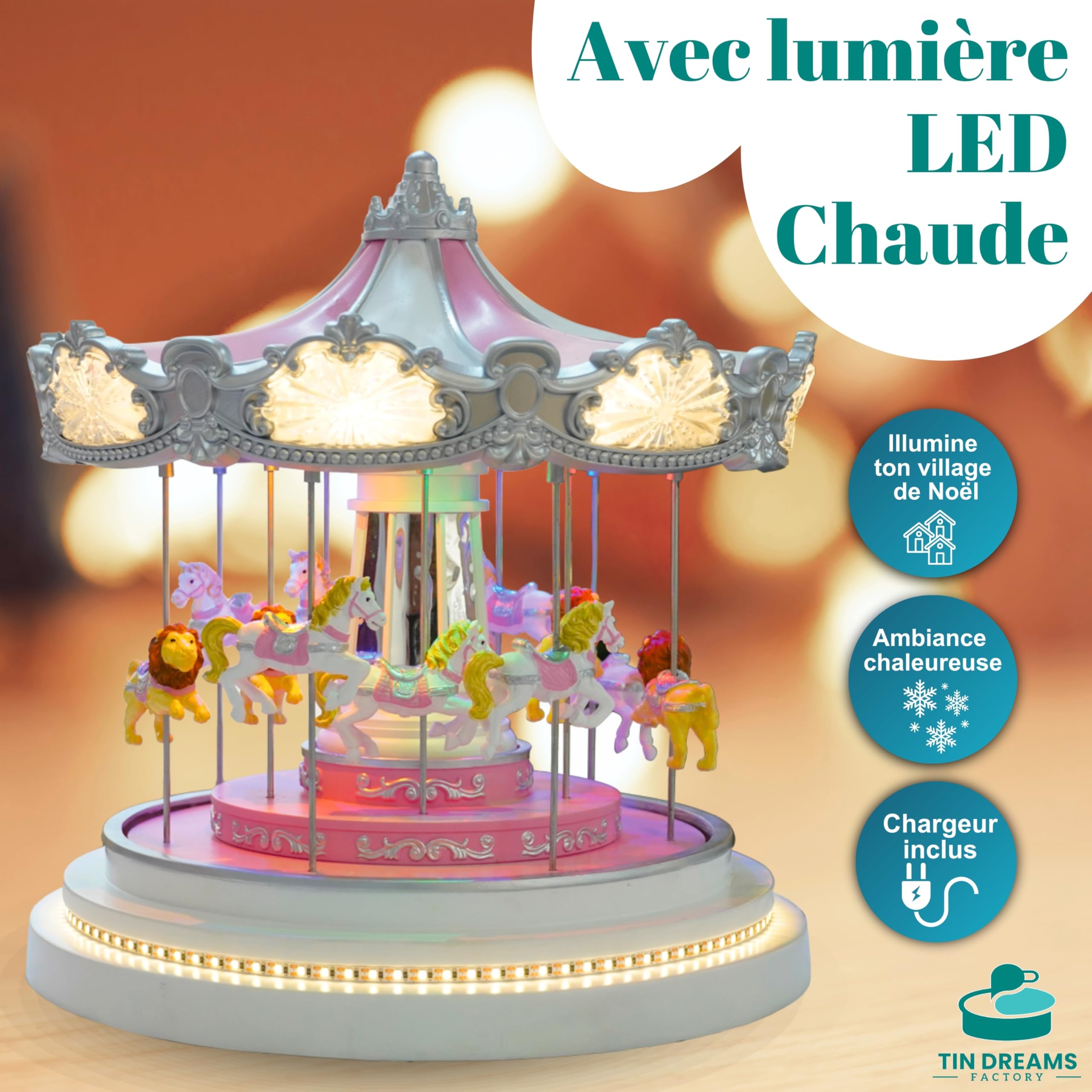 TIN Dreams | Grand Carrousel de Noël Musical avec Mouvement, Lumières LED et Bluetooth | Manège Décoratif | Petit Village de Noël, Scène Lumineux et Animé | Boîte à Musique Décoration Noël Intérieure
