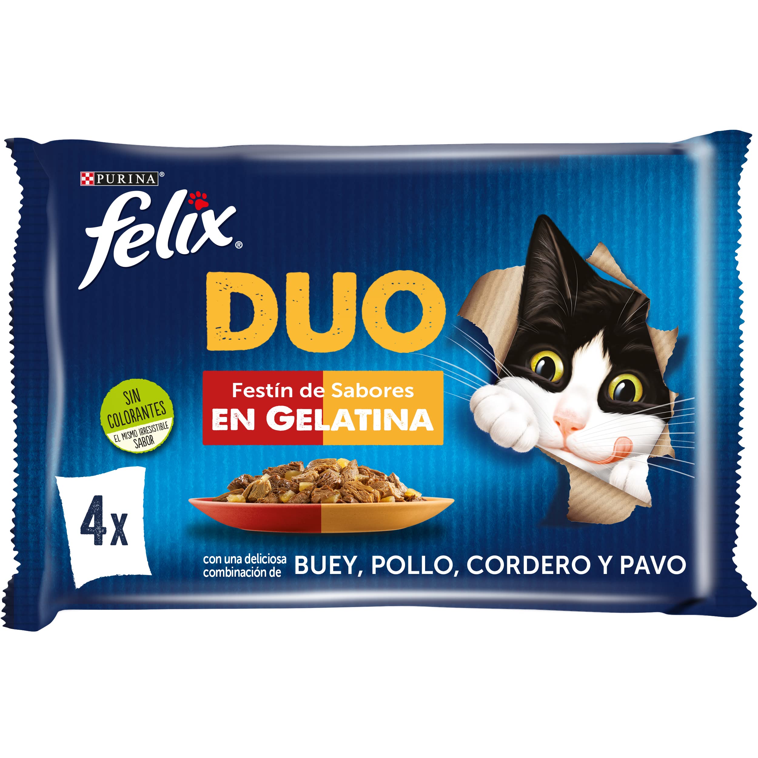 Purina Felix Fantastic Duo, Comida Húmeda para Gato Adulto Pack Surtido Carnes, 12 Paquetes de 4 Sobres de 85g - 48 Sobres