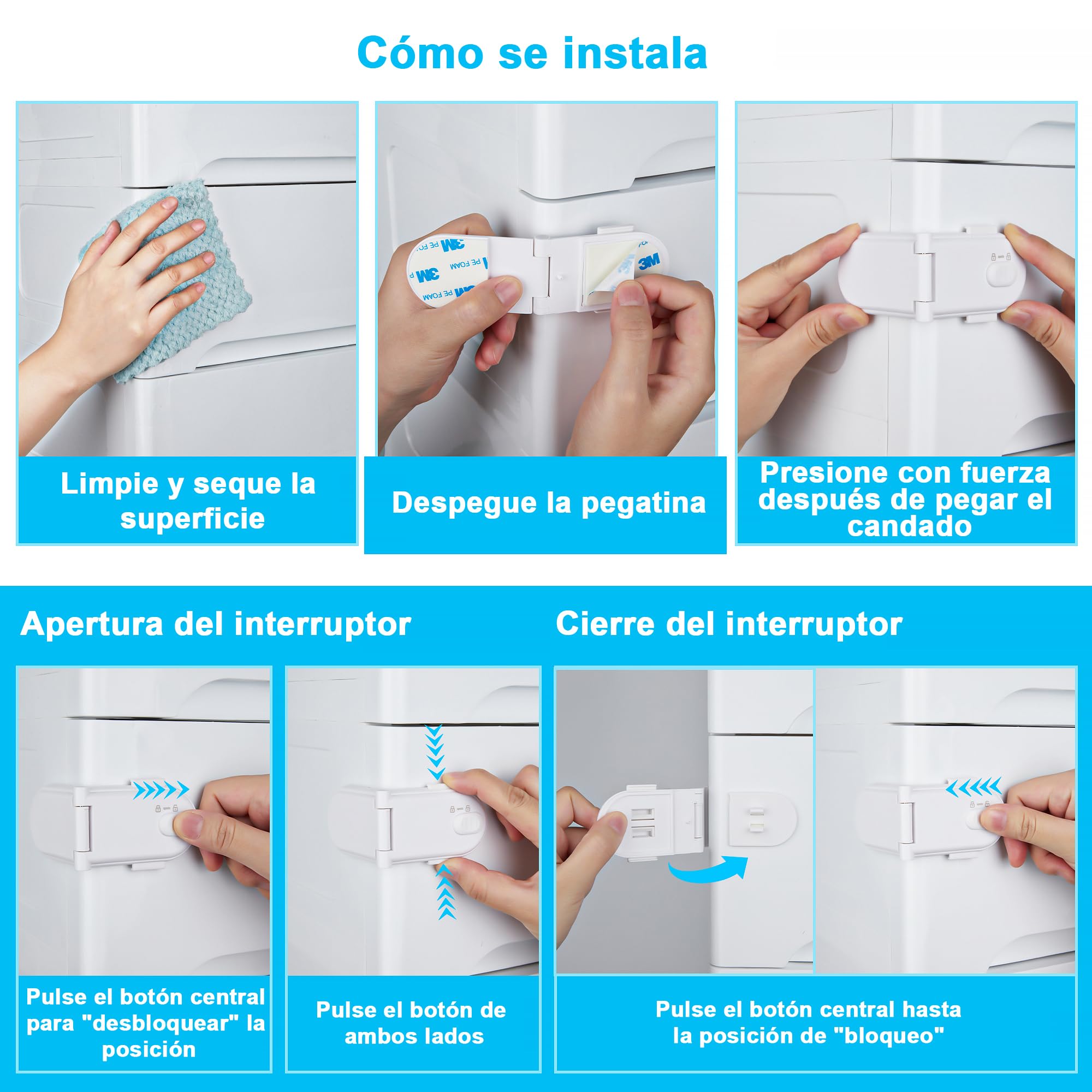 REDTRON Cerraduras de seguridad para niños con doble interruptor de seguridad (4 paquetes, blanco), Cerraduras seguras para bebés no tóxicas para armarios, Fácil instalación con adhesivo 3M
