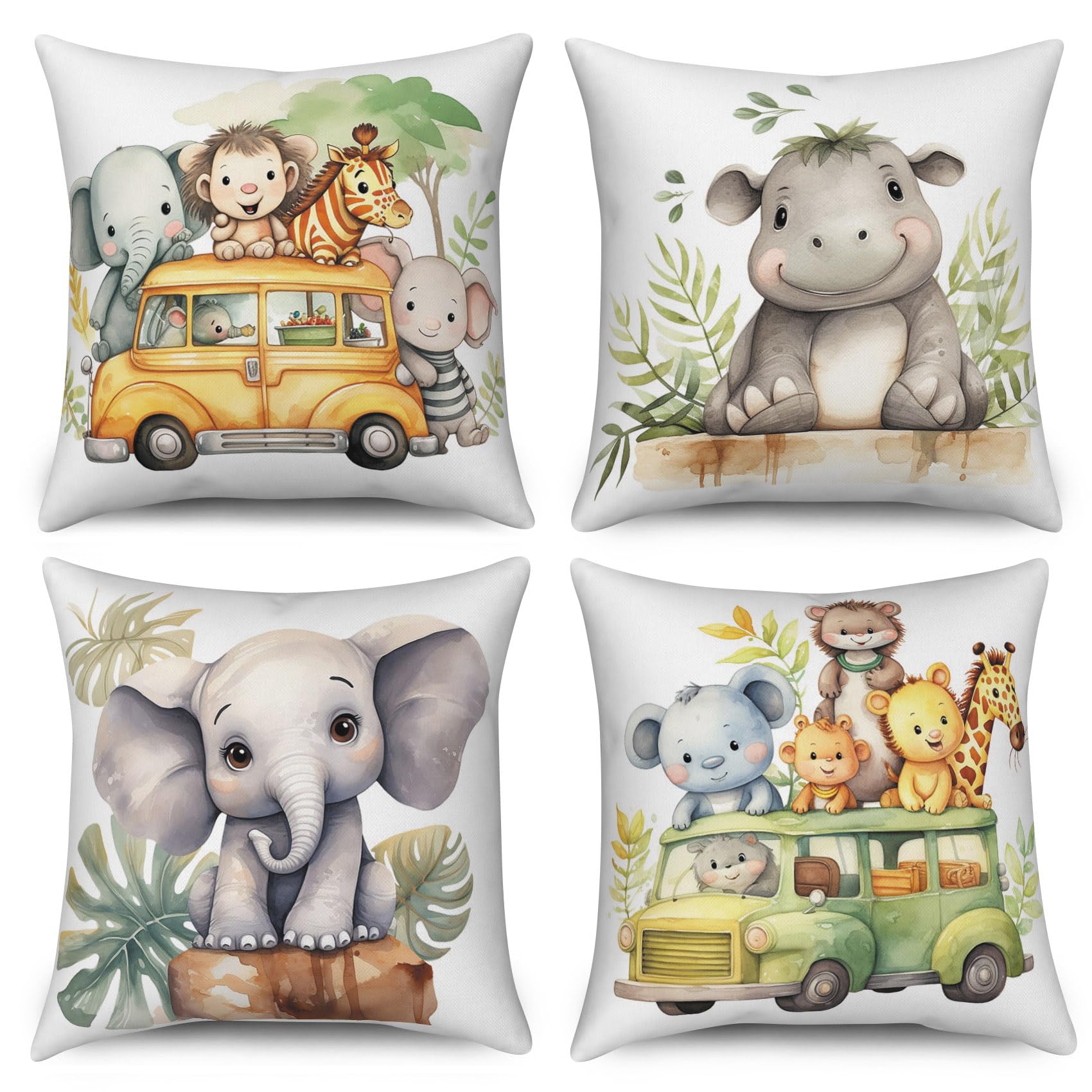 Bonhause Set 4 Federe Per Cuscini 45x45 Cm – Animali Cartoon (Leone, Orso, Zebra, Elefante) In Poliestere - 2