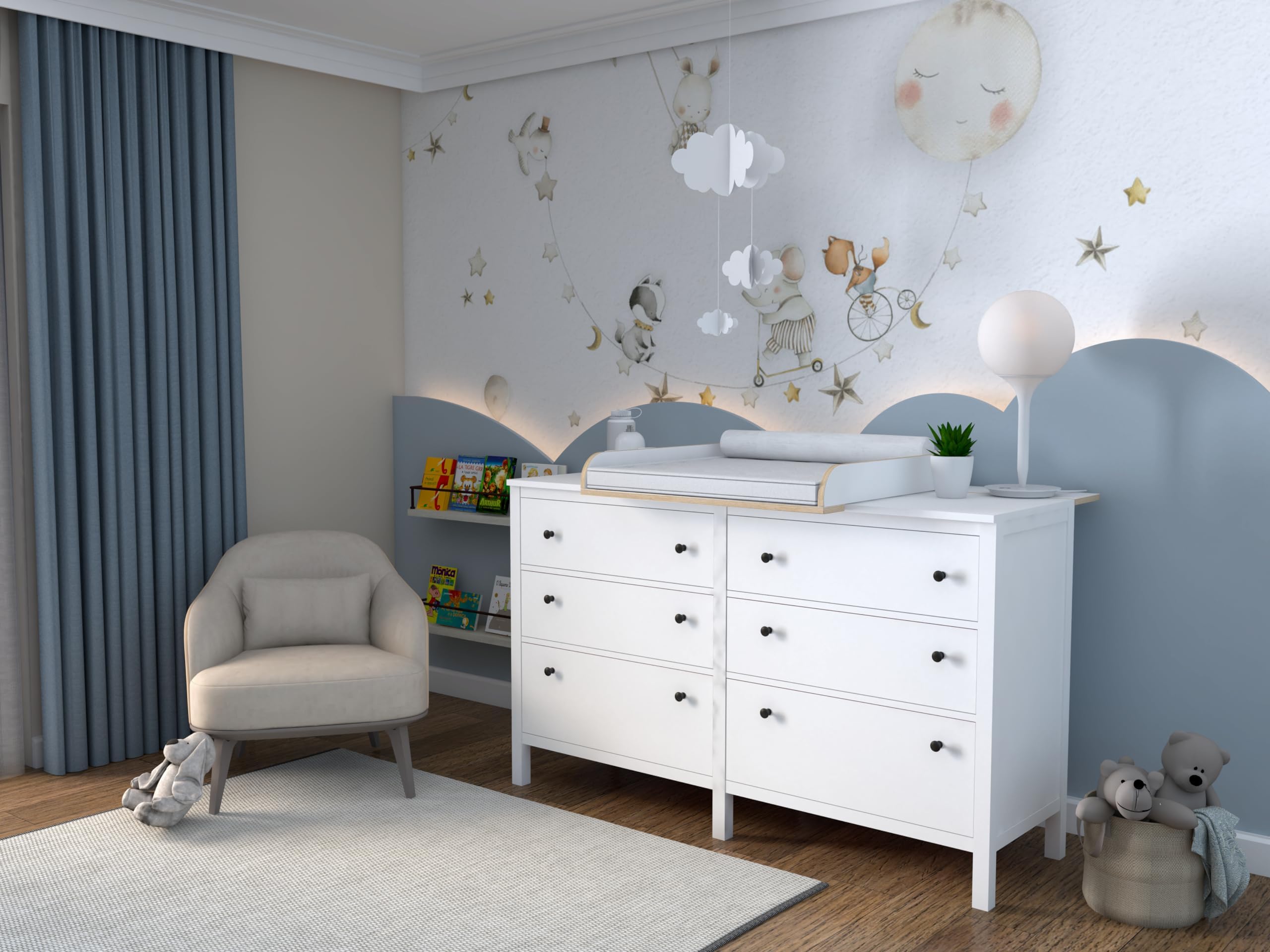 Cambiador con Tablero para Hemnes, Accesorio para Cómodas de 50x160 cm, Accesorio Desmontable para Cambiador, Paneles Frontales Redondeados, Blanco