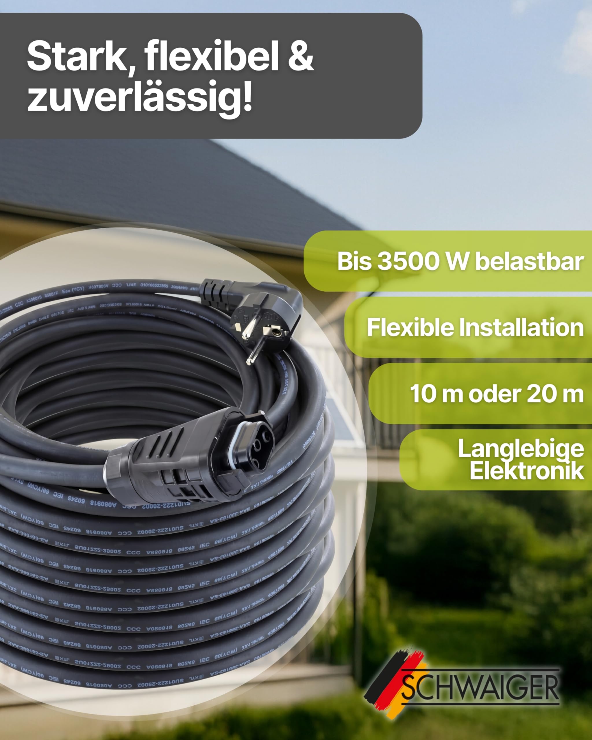 SCHWAIGER Wechselrichter-Anschlusskabel 20m I Solarkabel mit Betteri BC05 Kupplung I Robustes H07RN-F Balkonkraftwerk Anschlusskabel bis 3500 W I Wetterfester Schutzkontaktstecker Typ F I Schwarz