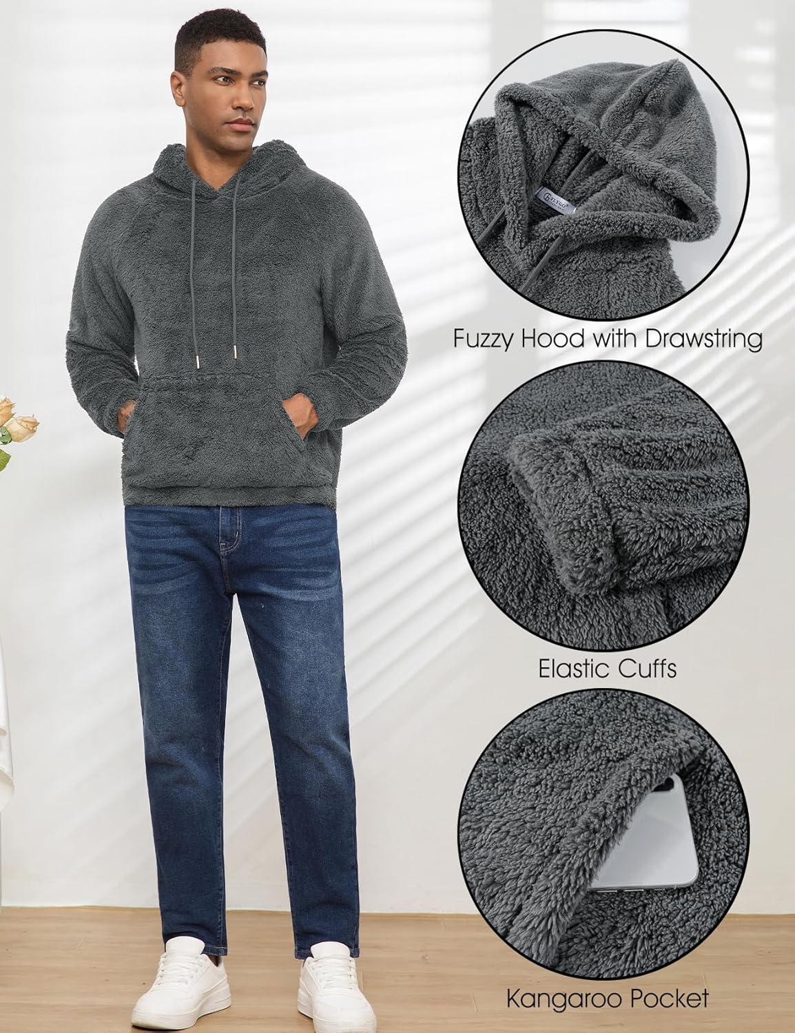 Flygo Mens Fuzzy Hoodie Sherpa Pullover Hoodies Casual Long Sleeve Hooded Sweatshirt Warm Fall Winter Fluffy Sweater - Image 6