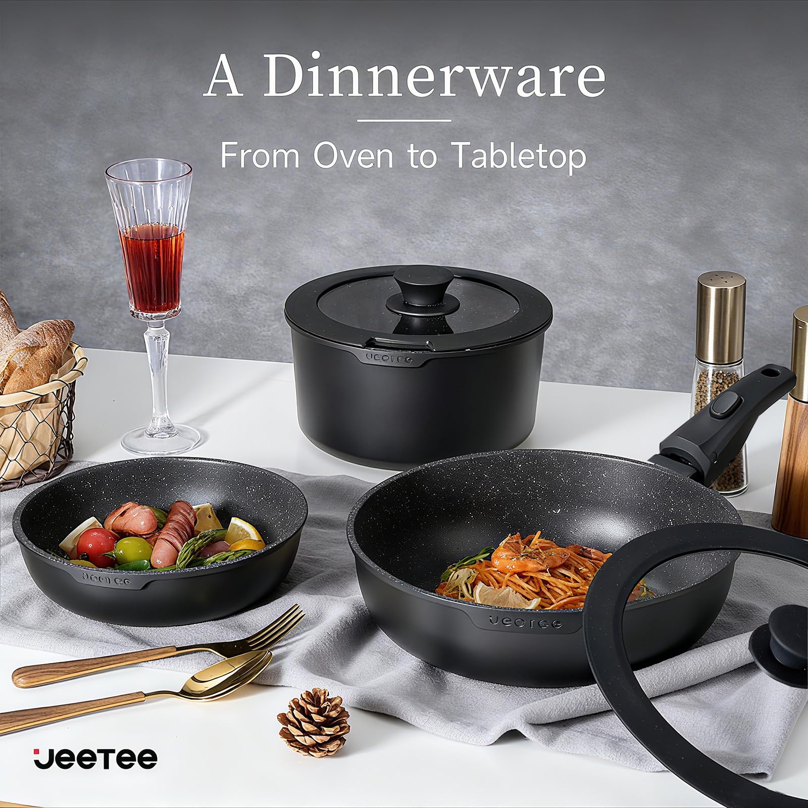 JEETEE Pots and Pans Set Non Stick 17pcs, Kitchen Cookware Sets with Detachable Handle, Induction Nonstick Cookware Set with Removable Handle, Stackable RV Cookware, Oven Safe, PFAS/PFOA Free, Black