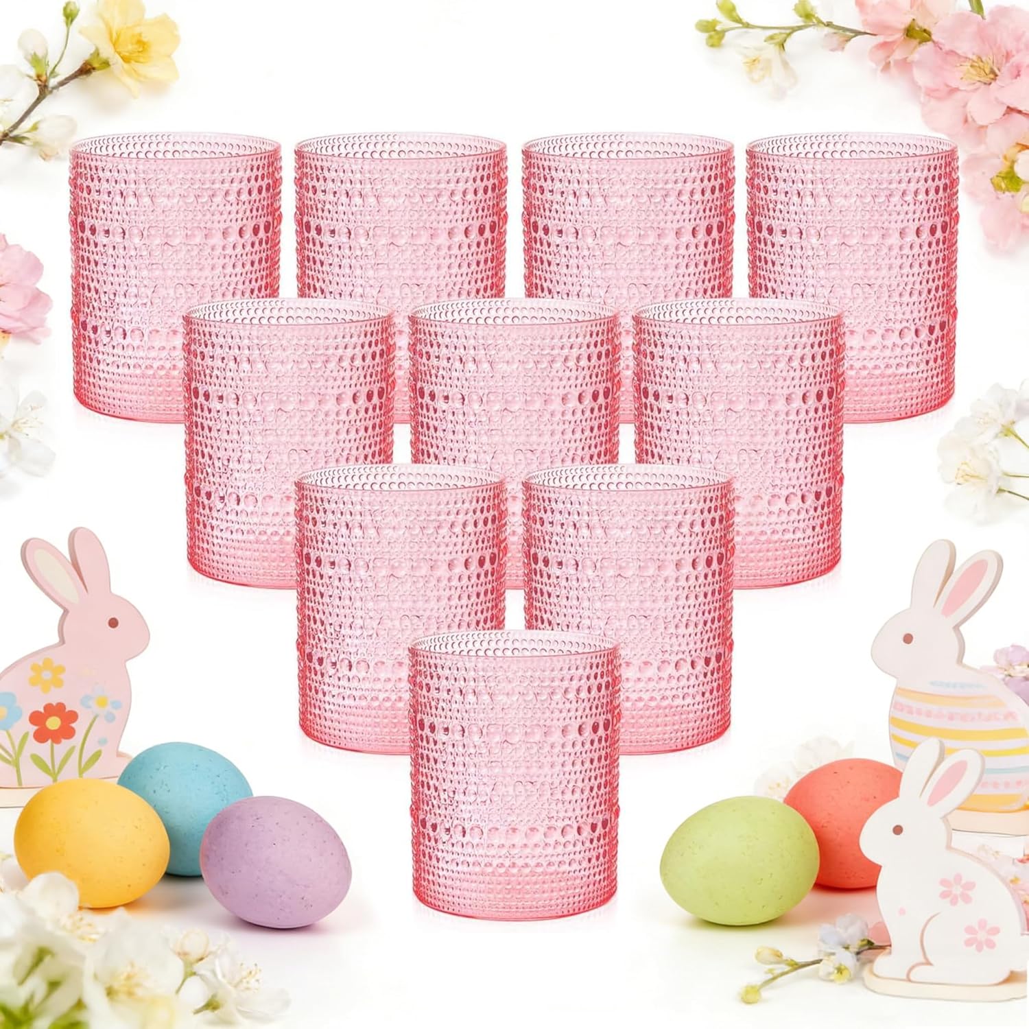 YOUBET 24PCS Plastic Drinking Glasses - 14OZ Pink Hobnail Drinkware Glasses - Vintage Glassware Textured Beaded Cups for Water, Beer, Whiskey, Juice and Various Mixed Drinks Easter Mothers Day
