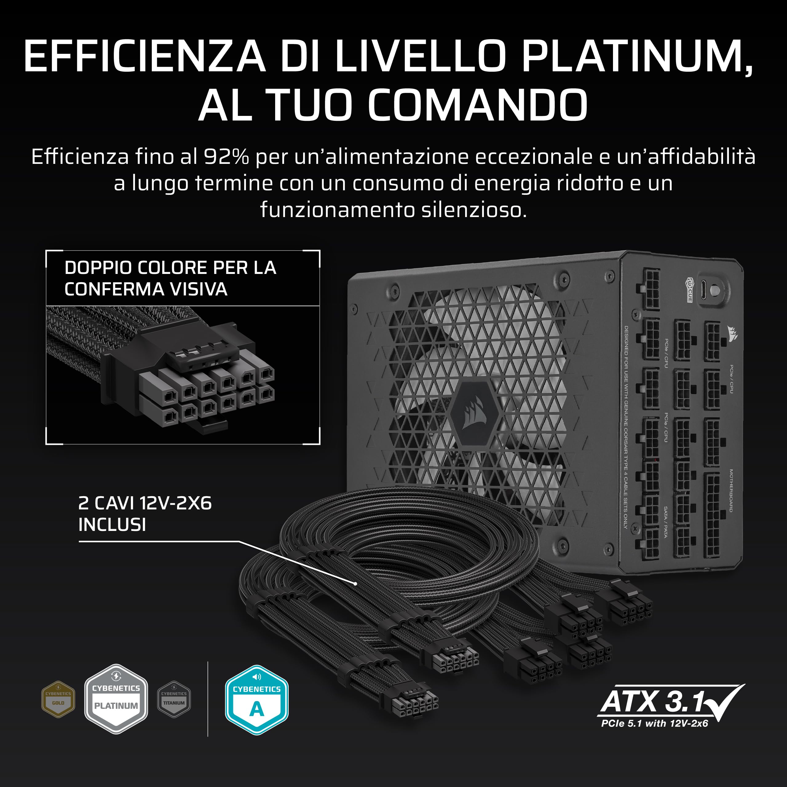 CORSAIR HX1200i (2025) Alimentatore ATX Completamente Modulare a Bassissimo Rumore con Cavo 12V-2x6 – Compatibile con ATX 3.1 e PCIe 5.1, Efficienza Cybenetics Platinum – Nero