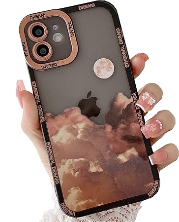 JANDM Compatible with iPhone 12 Case, Romantic Mountain Sunset Clouds Moon Night Scenery Lovely Phone Case Soft Shockproof Camera Protective Cute for Women Girls Case for iPhone 12 -Clouds-Black