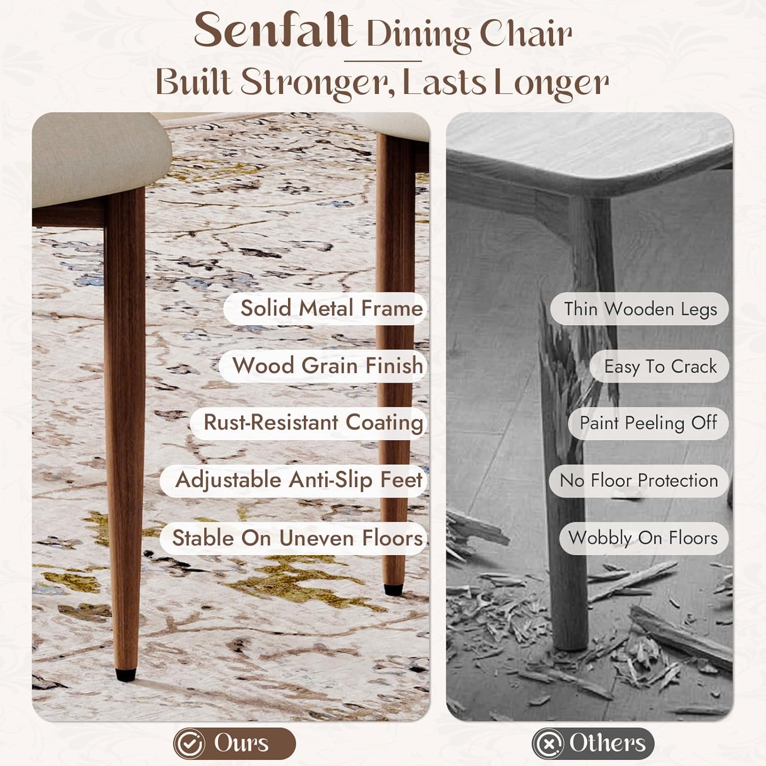 Dining Chairs Set of 4, Upholstered Linen Fabric Farmhouse Kitchen Chairs, Mid Century Modern Armless Chair with Ergonomic Curved Backrest and Walnut-Grain Metal Legs for Home Restaurant (Beige)