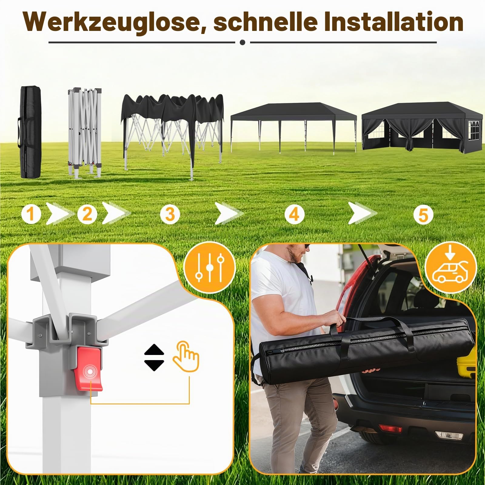 JUMMICO 3x6m Faltpavillon｜Höhenverstellbar & Stabiler｜Dicke wasserdichte Plane + Klettverschlüsse für Windschutz｜Perfekt für Gartenfeste, Camping & Outdoor-Events｜Schnell aufbaubar & platzsparend
