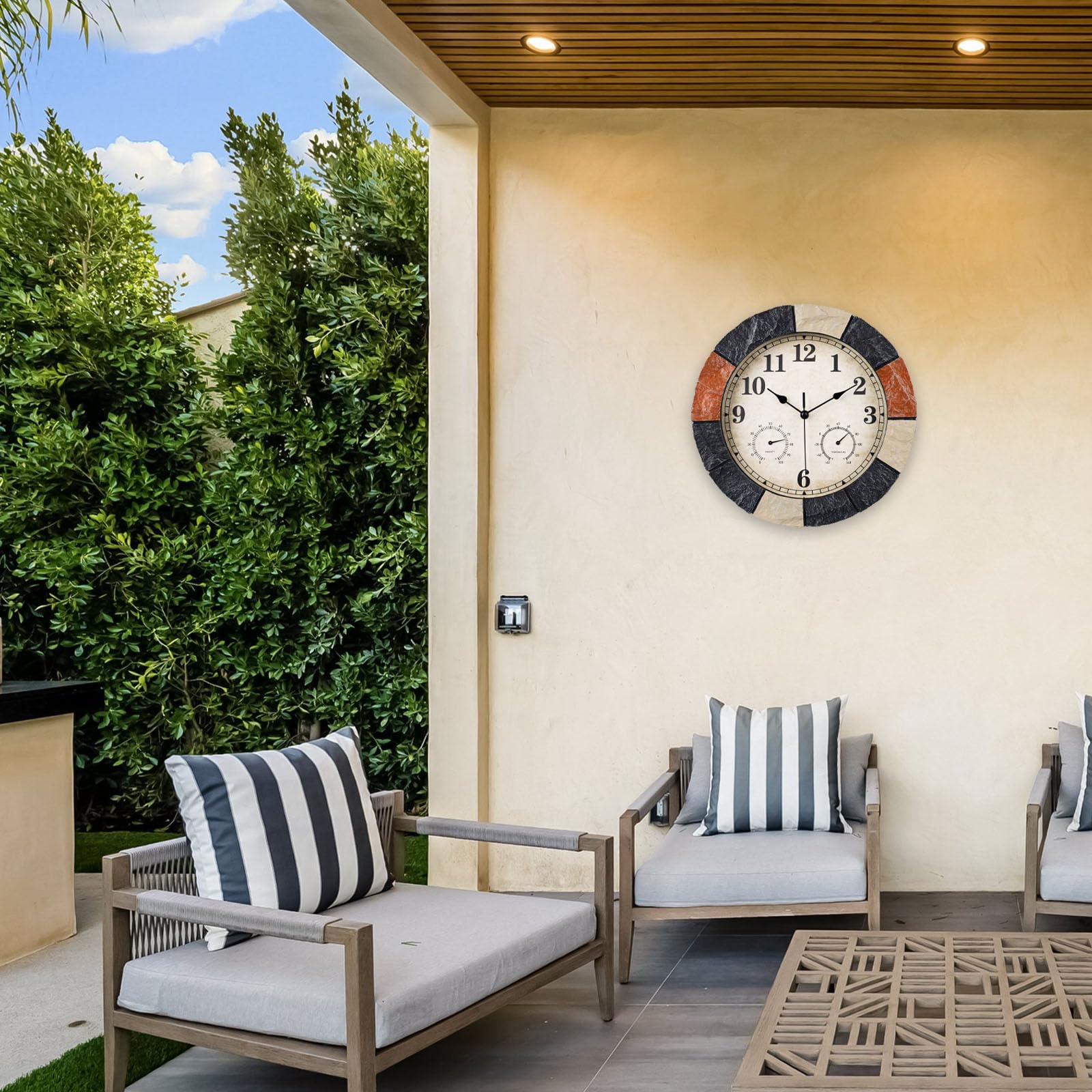 JoFomp Outdoor-Uhren aus Kunstharz, 33 cm, wasserdicht, mit Thermometer und Hygrometer, große Outdoor-Uhren für Terrasse, Outdoor-Wanduhren, batteriebetrieben, Außenuhr für Pool/Zuhause