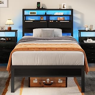Furnulem Twin Bed Frame with RGB LED Lights, Charging Station, 2 Drawers & Shelves - No Box Spring Platform Bed, Black Oak