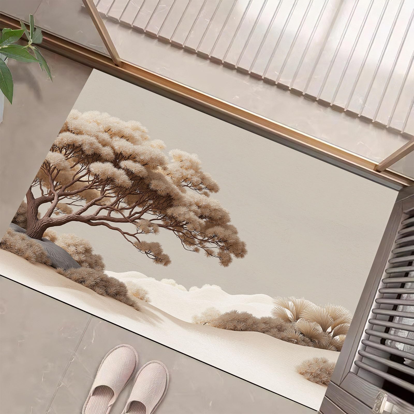 Tapis de bienvenue arbres forestiers pour une entrée beige chaleureuse