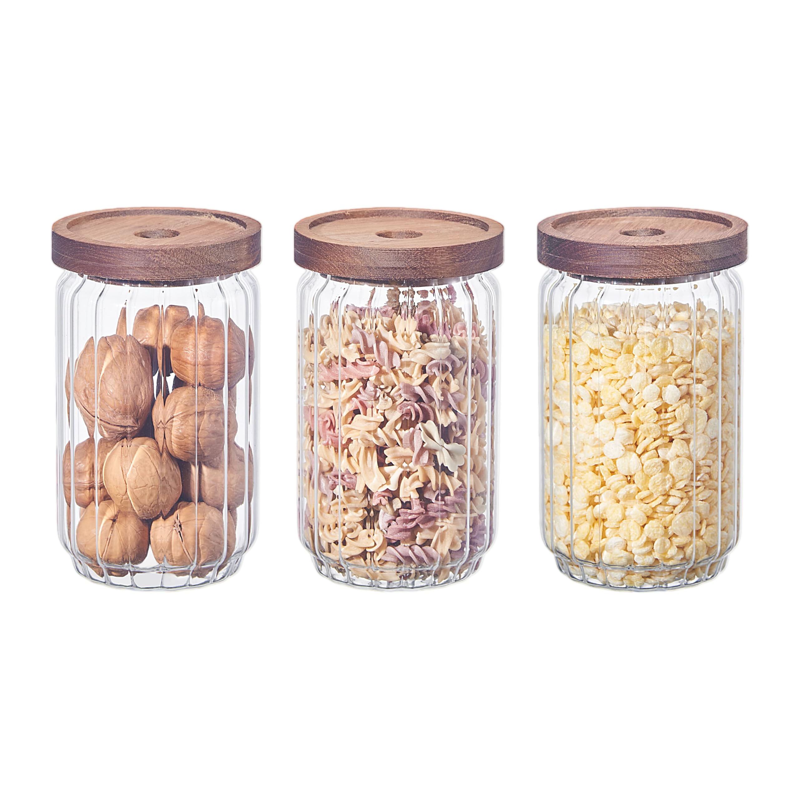 Eden & Willow Transparent Ribbed Airtight Glass Kitchen Storage Jar With Acacia Wooden Lid - Pantry Organisation Canisters For Coffee, Tea, Sugar, Flour, Pasta, Spices, Grains, Oats (3, 750Ml)