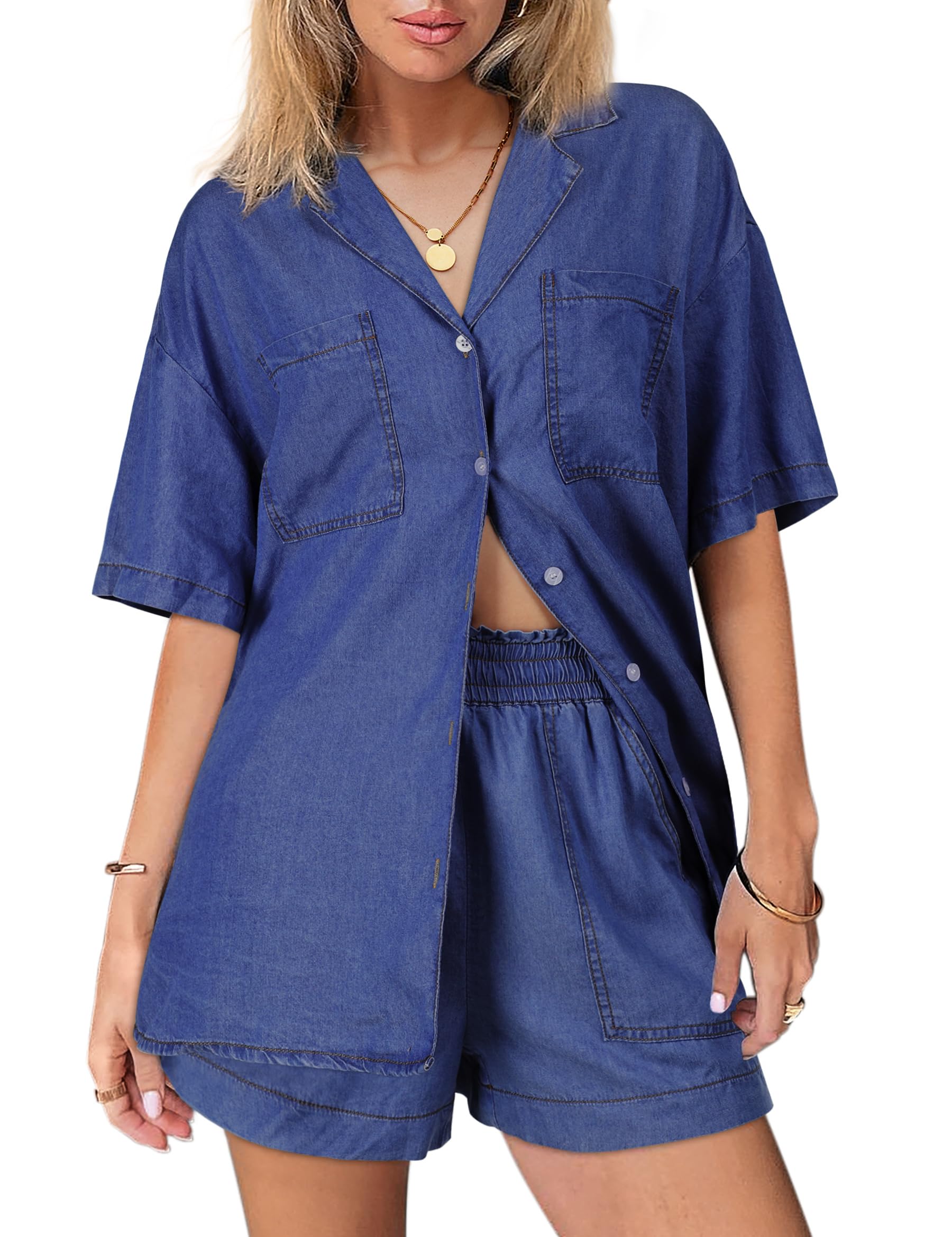 POTILI Denim Set for Women 2 Peice Outfits Jean Shirts Top and Shorts for Summer Lightweight Tracksuits Trendy