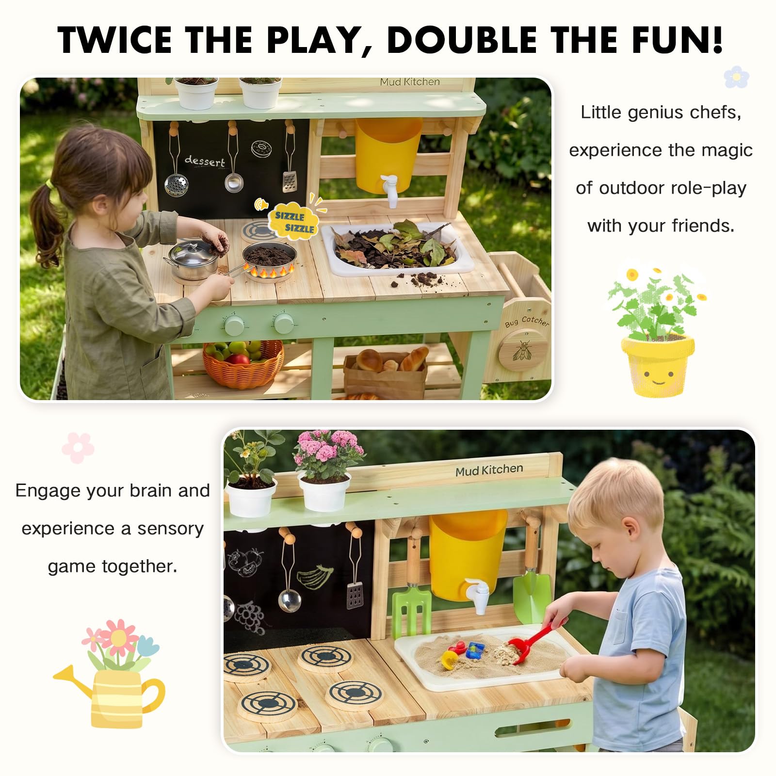 Labebe Matschküche Kinder Outdoor, 3-in-1 Matschküche mit Pflanzkasten und Insekten-Beobachtungsbox, Outdoor Spielküche & Kinderküche aus Holz mit Spüle, Wasserhahn und Zubehör, ab 3 Jahren