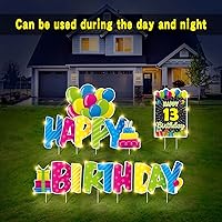 Vista 7 de Letreros de feliz cumpleaños con estacas – 2 luces LED y letreros personalizados con 20 calcomanías de números – 16 pulgadas grandes carteles