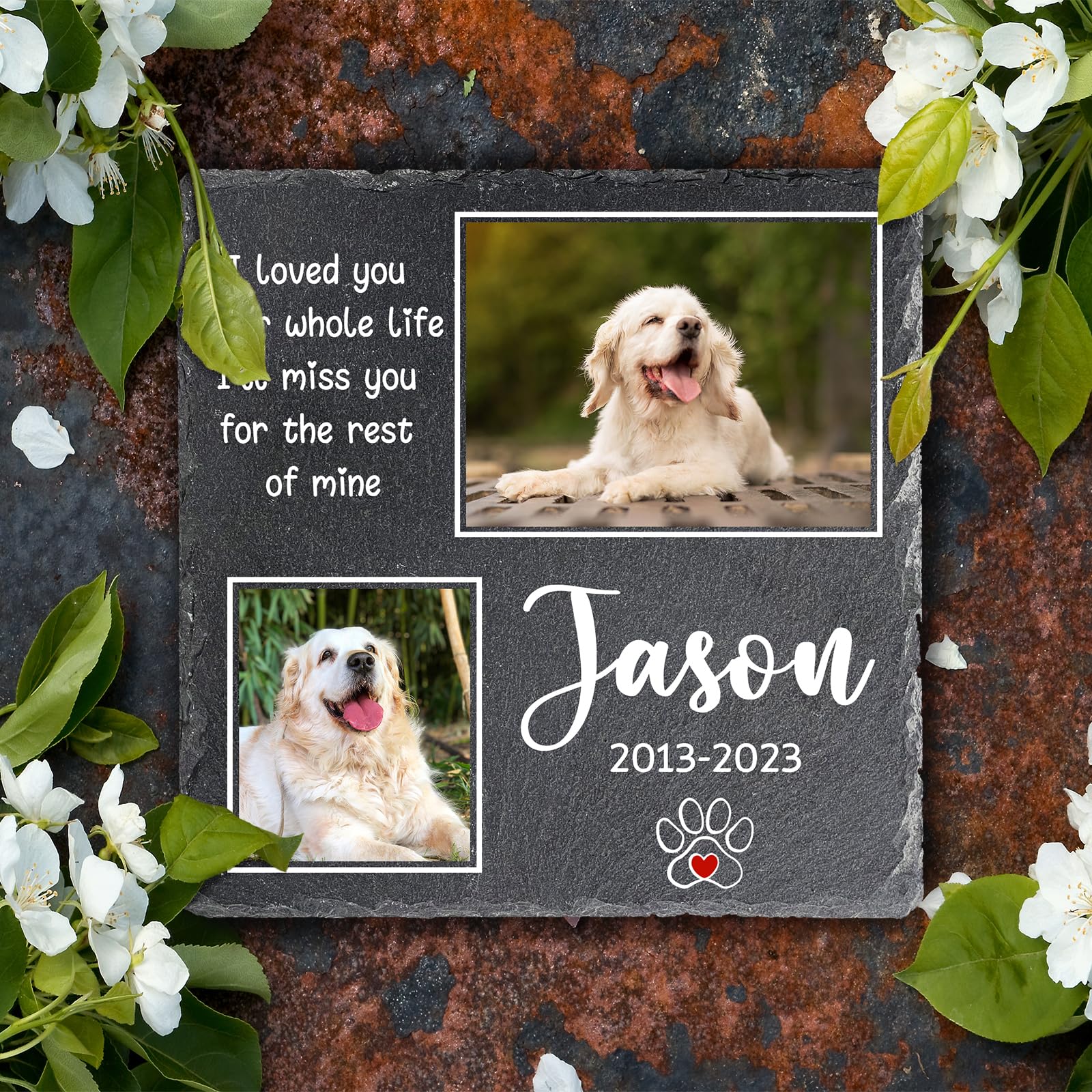 Husguciy Custom Pet Memorial Stones, Personalized Cat or Dog Grave Marker Memorial Stone, Customized Waterproof and Weatherproof Pet Memorial Stones, Condolence Gift (Square 3)